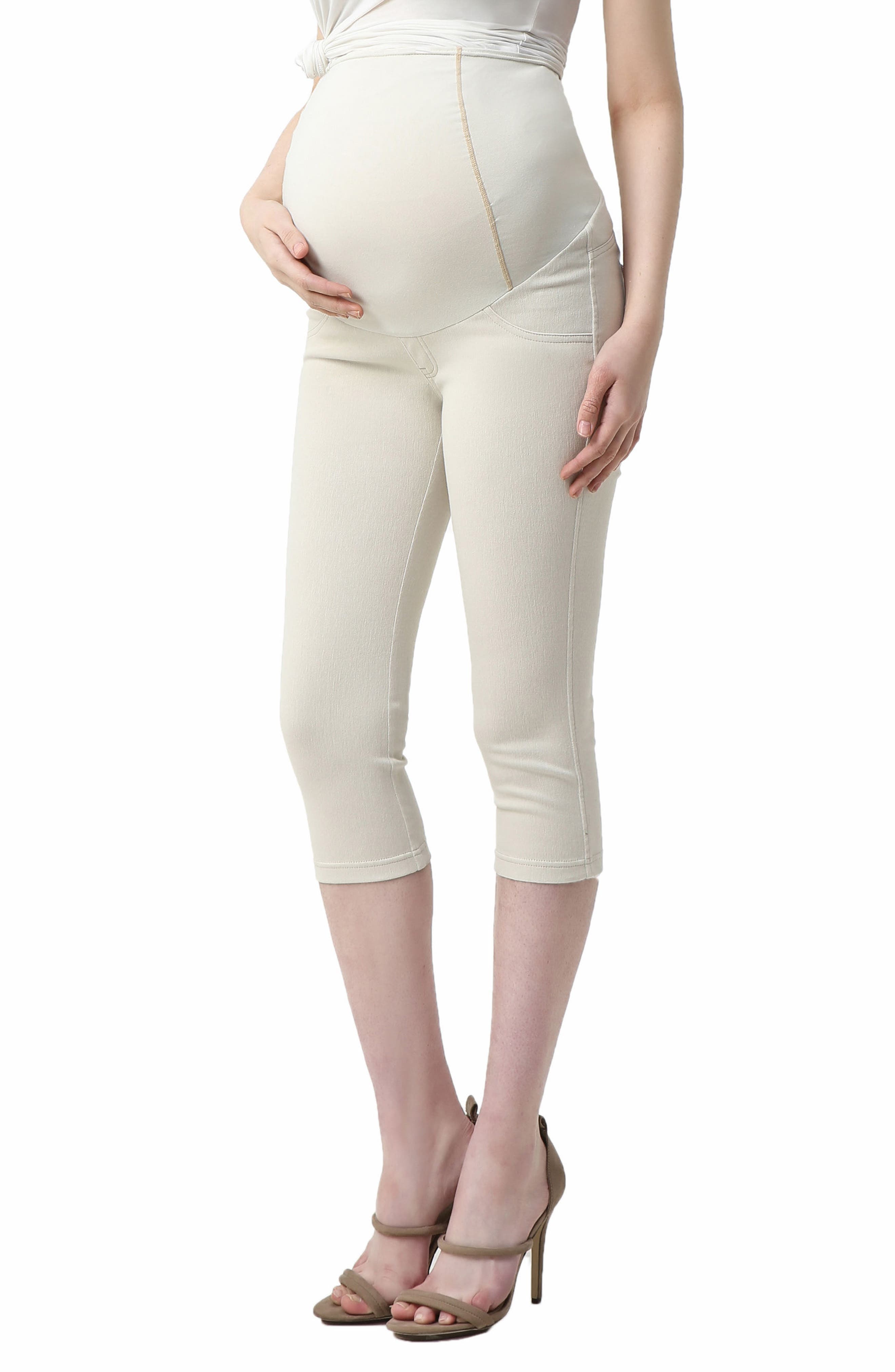 Kimi And Kai Melody Capri Denim Maternity Leggings, Beige