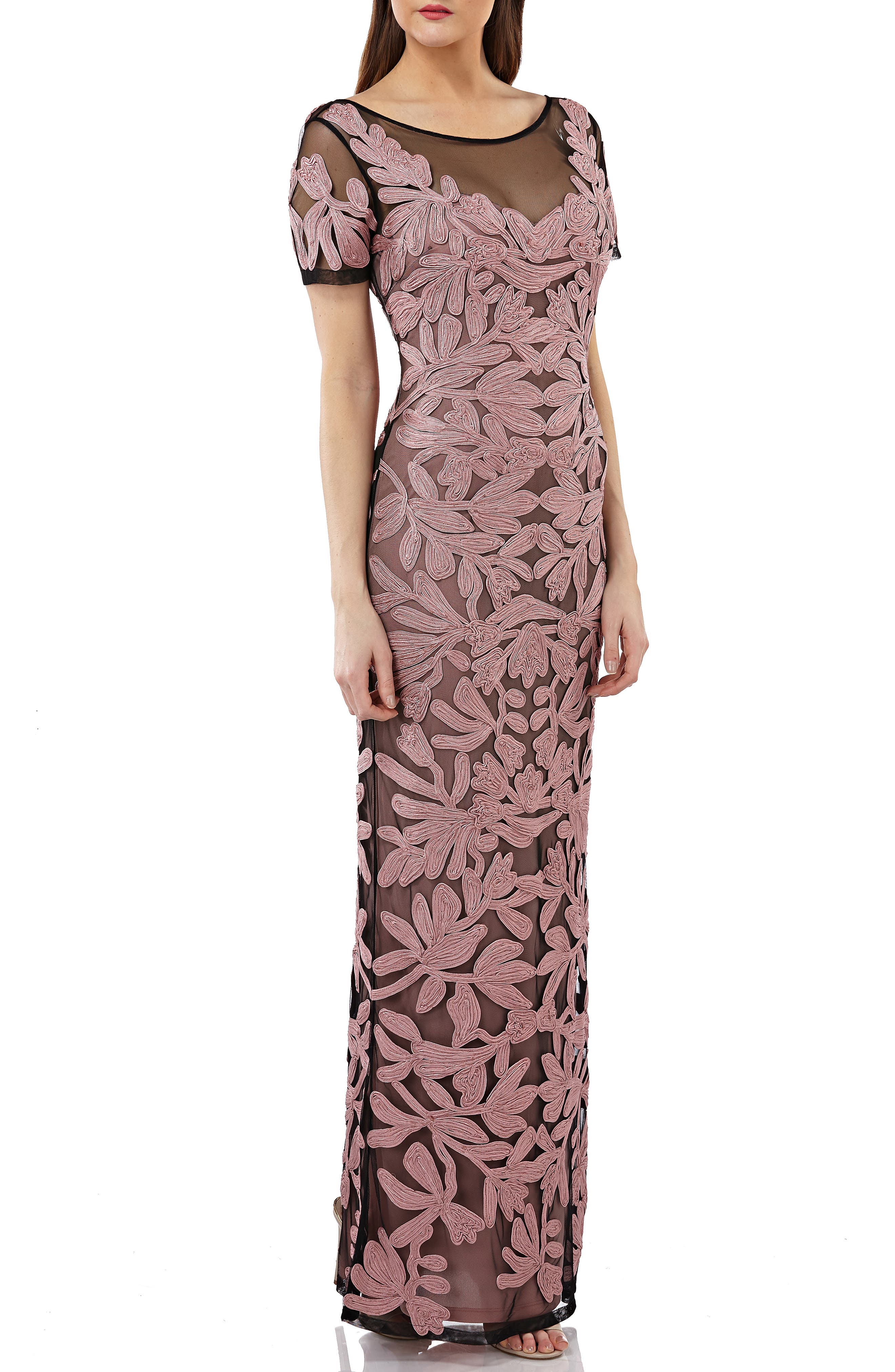 Js Collections Illusion Yoke Short Sleeve Soutache Gown, Pink
