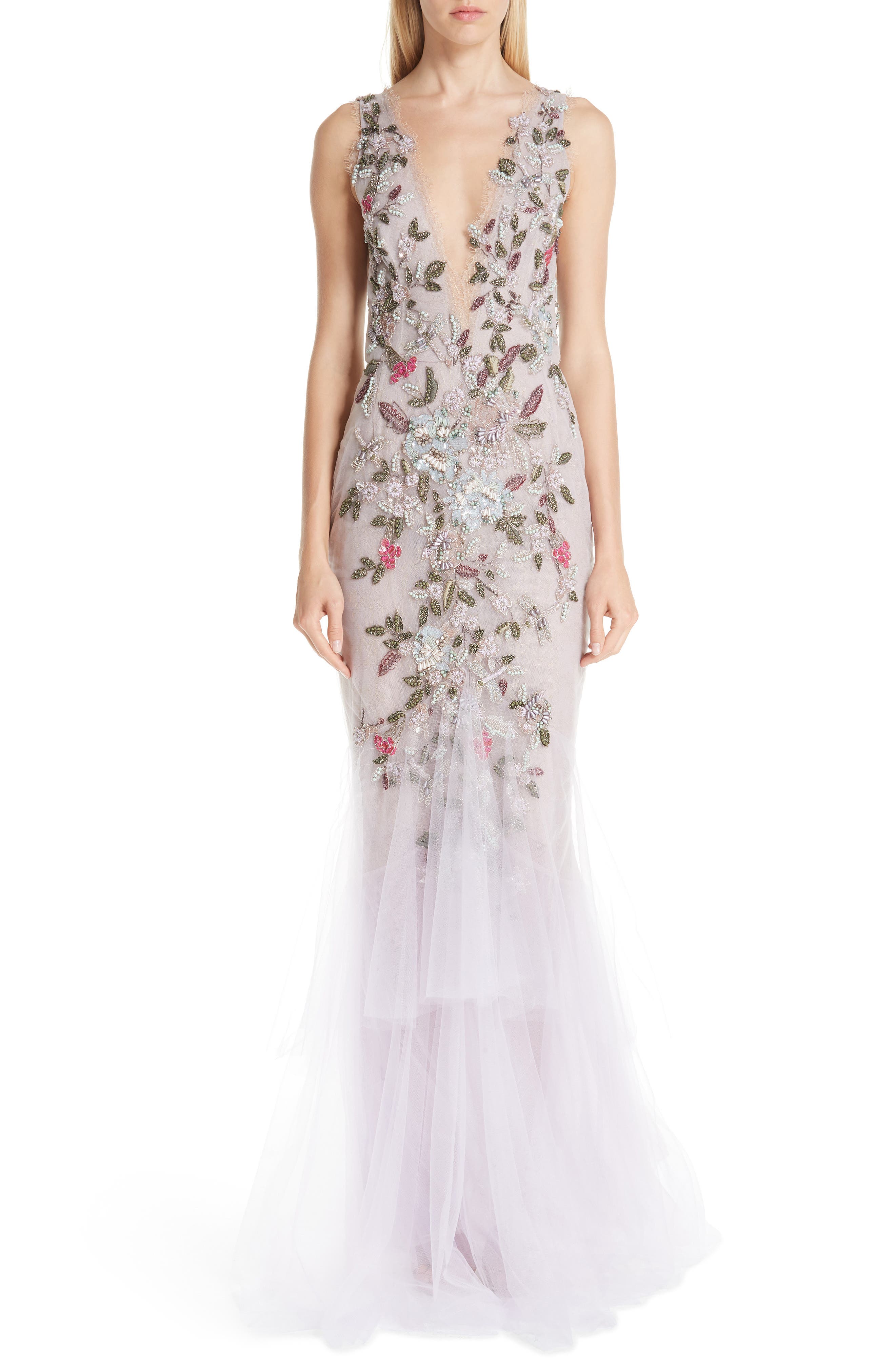 Marchesa Embroidered Floral Evening Dress, Purple