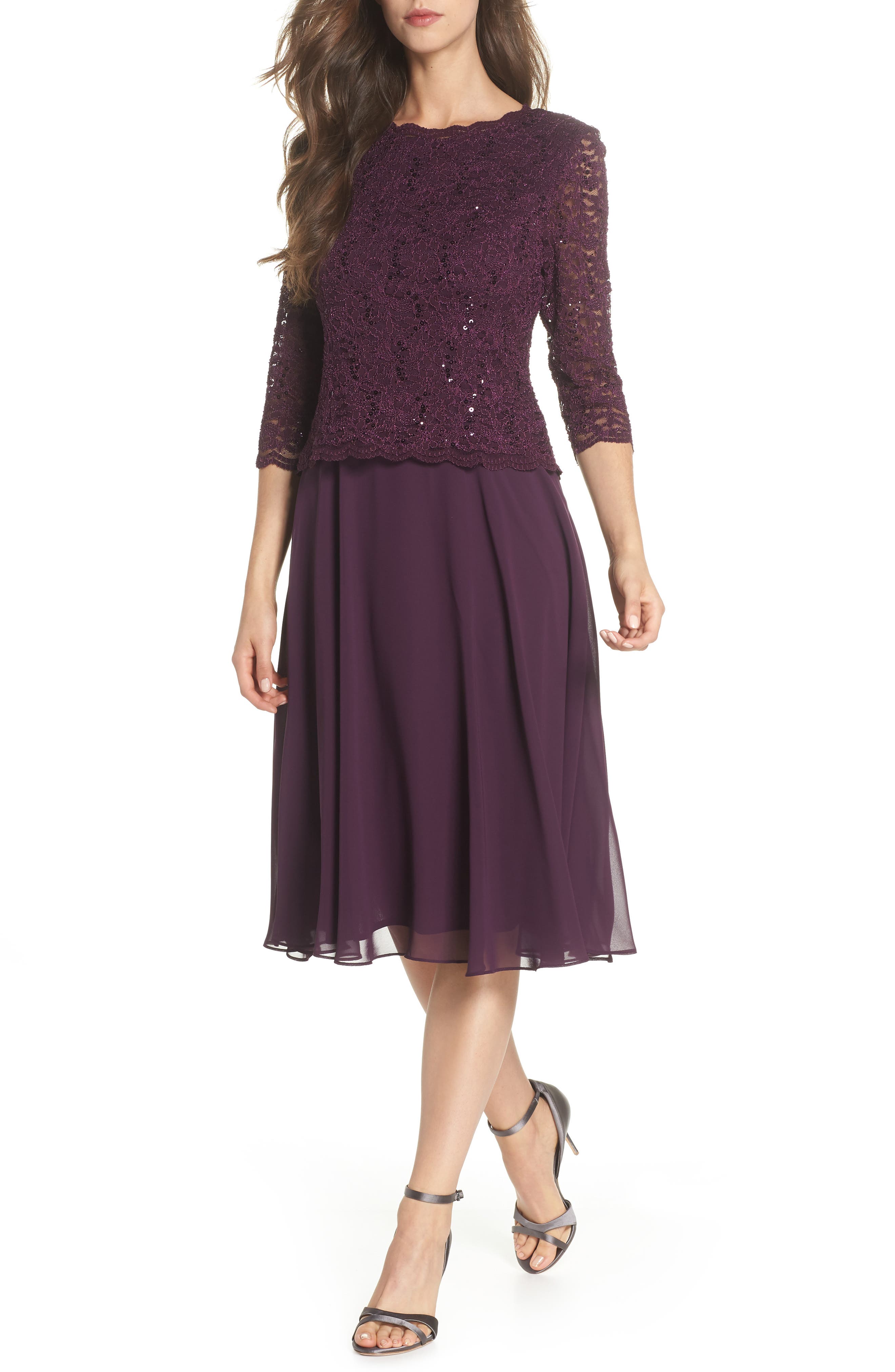 Alex Evenings Mock Two-Piece Tea Length Dress, Purple