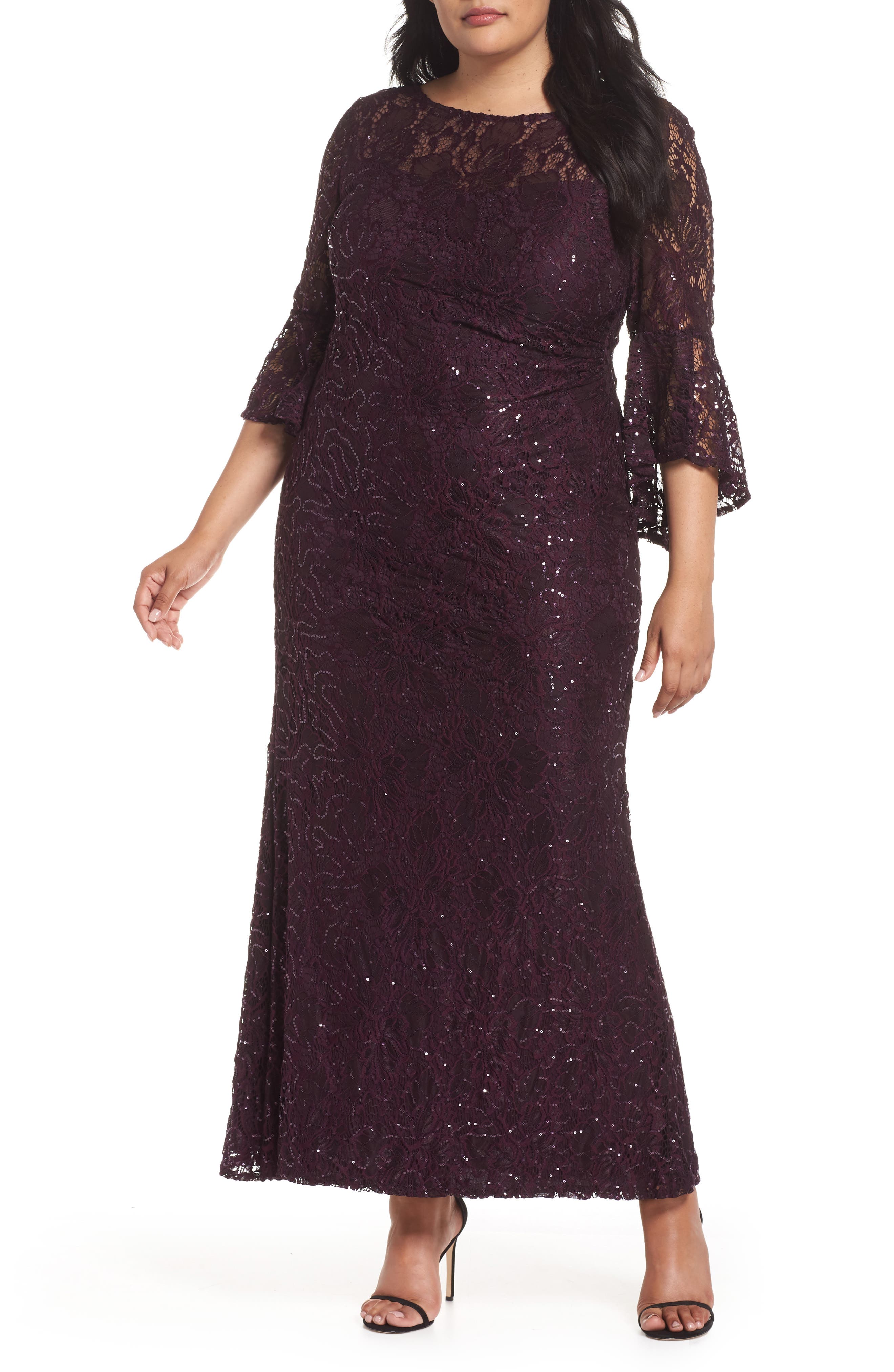 Plus Size Morgan & Co. Lace Bell Sleeve Gown, Purple