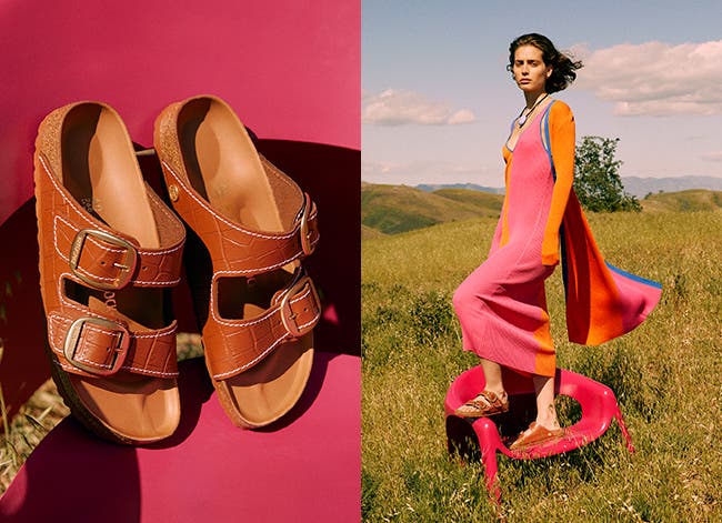 Birkenstock sandals and a woman wearing a dress, cardigan and sandals from BIRKENSTOCK + STAUD.