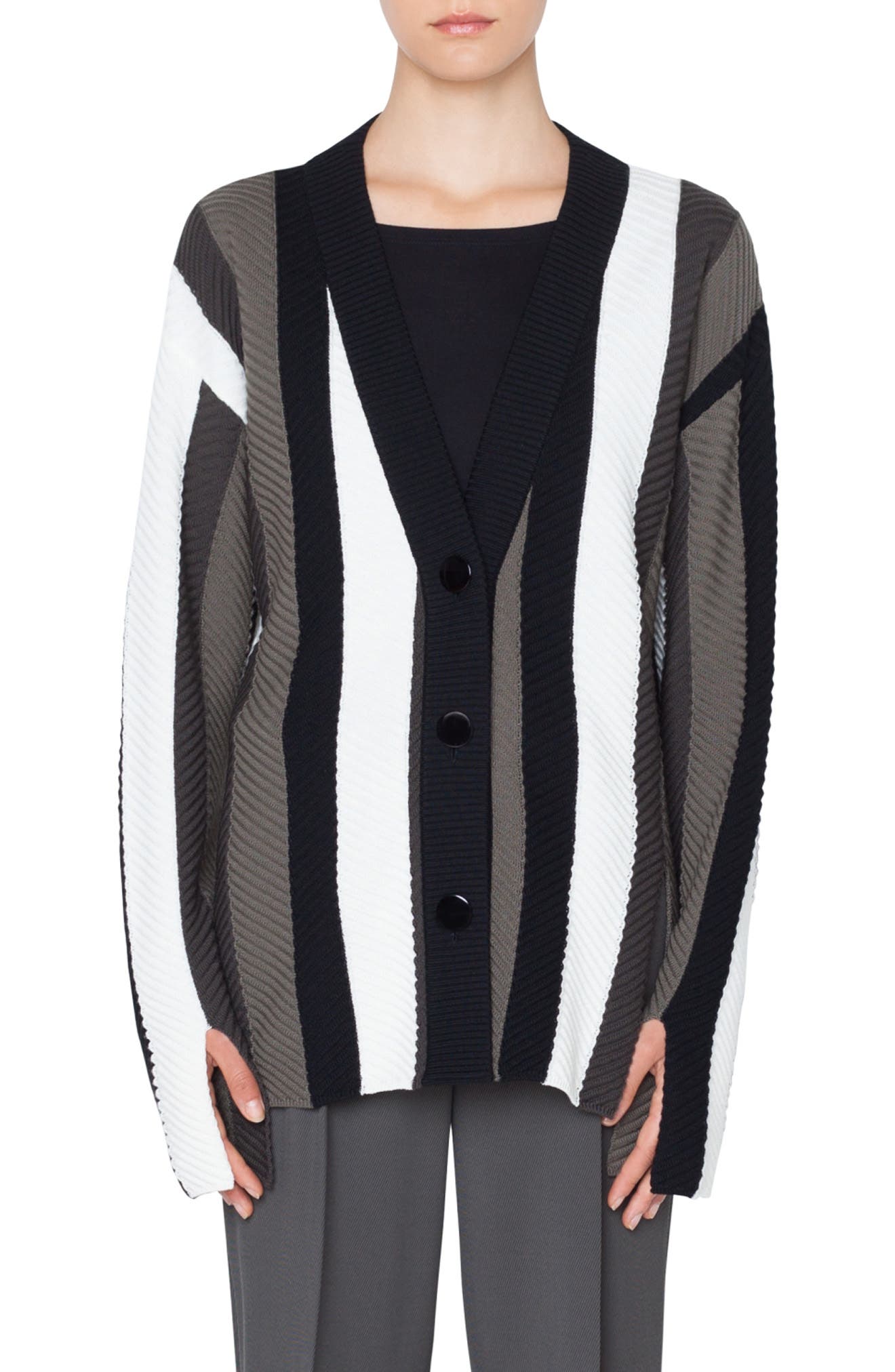 Akris Punto Stripe Merino Wool Cardigan, Green