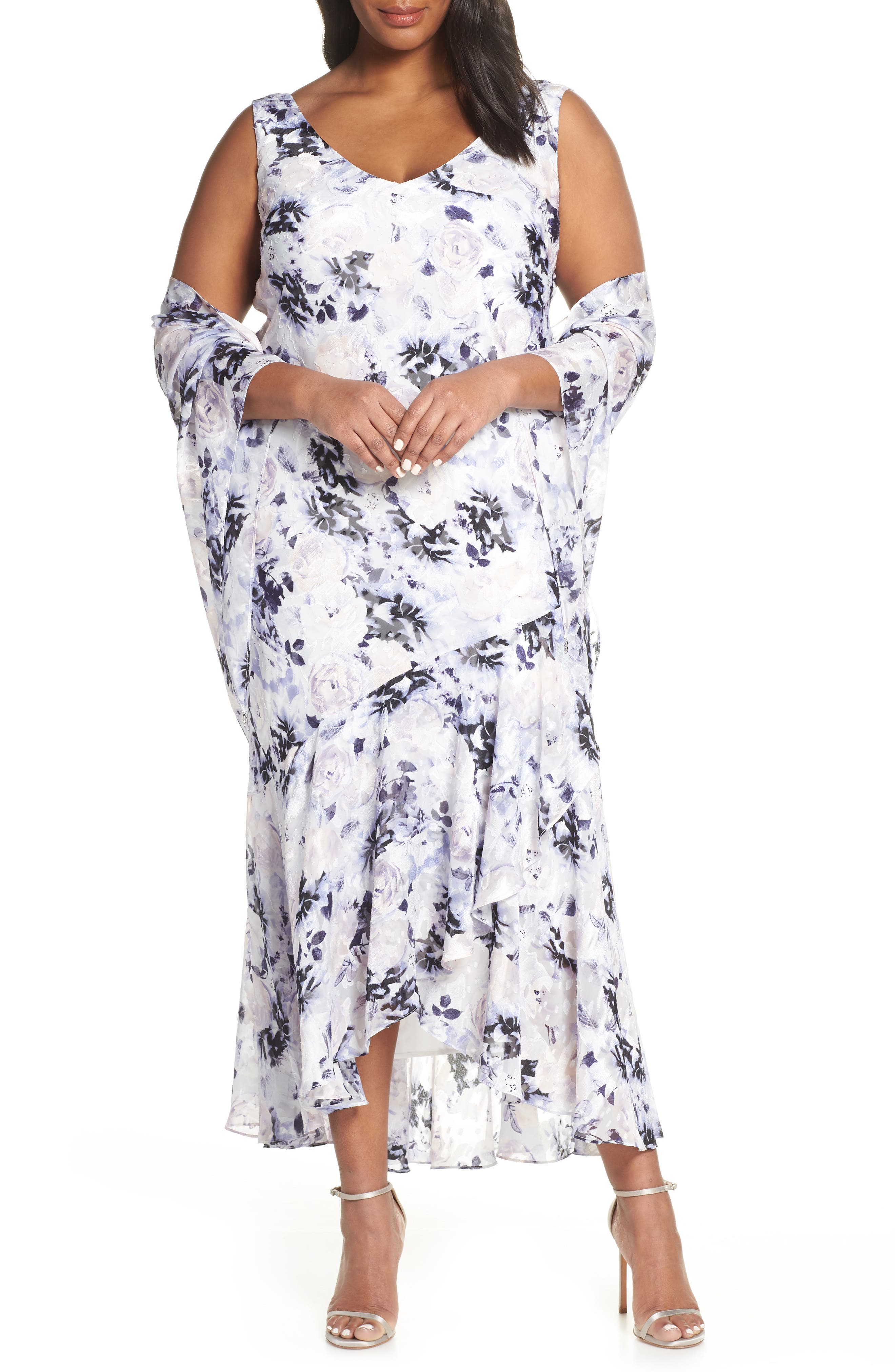 Plus Size Alex Evenings Floral Burnout High/low Chiffon Evening Dress With Wrap, Purple