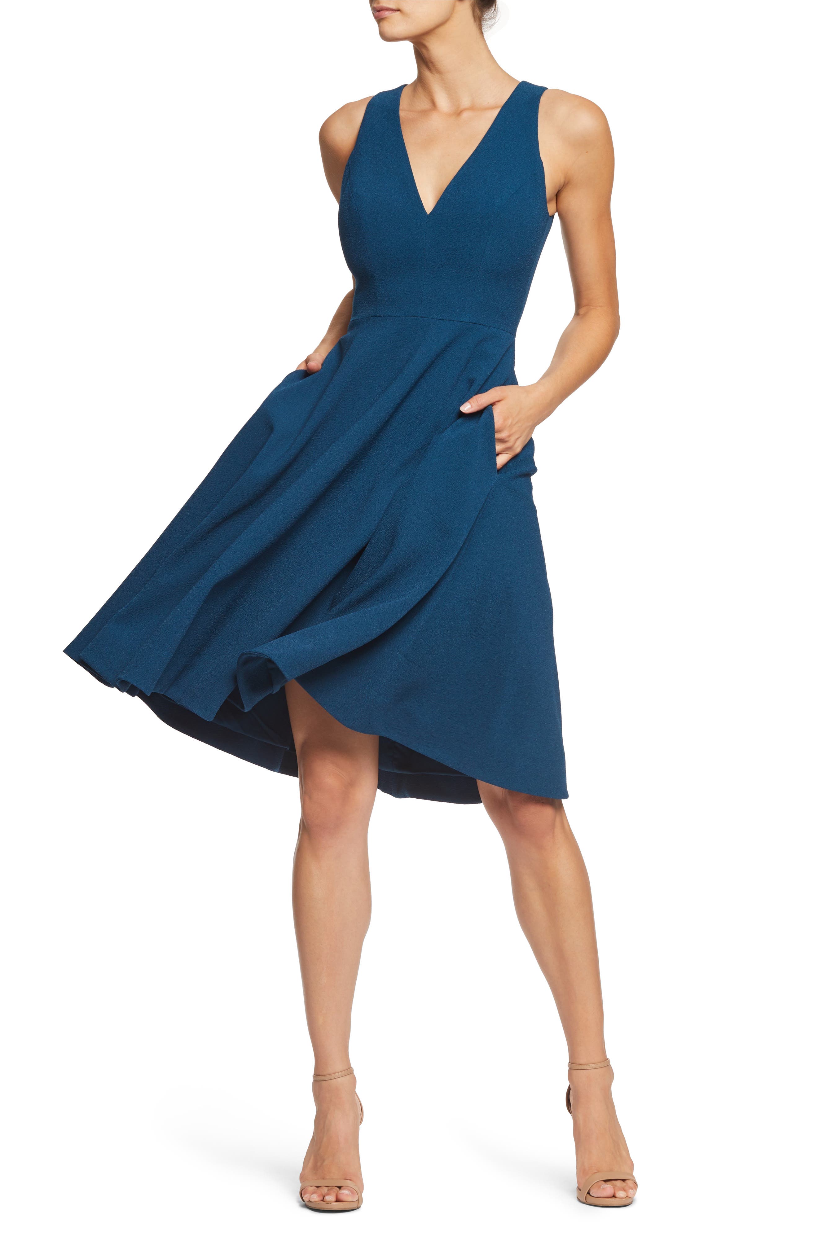 Dress The Population Catalina Tea Length Fit & Flare Dress, Blue