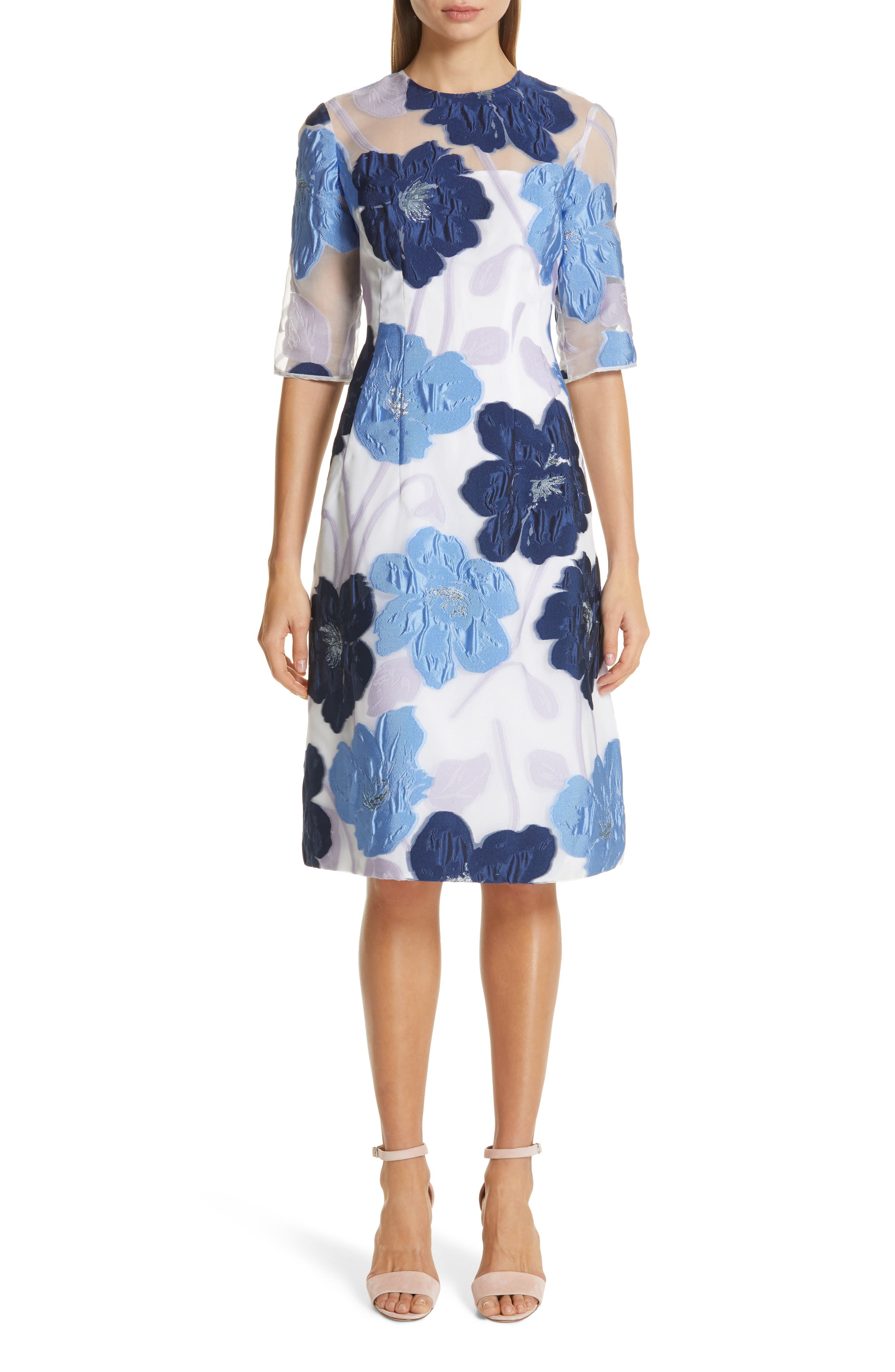 Lela Rose Oversize Floral Fil Coupe A-Line Dress, Blue