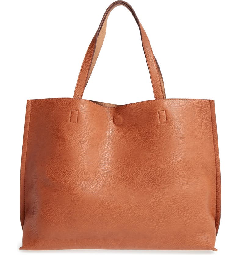 STREET LEVEL REVERSIBLE FAUX LEATHER TOTE & WRISTLET - BROWN