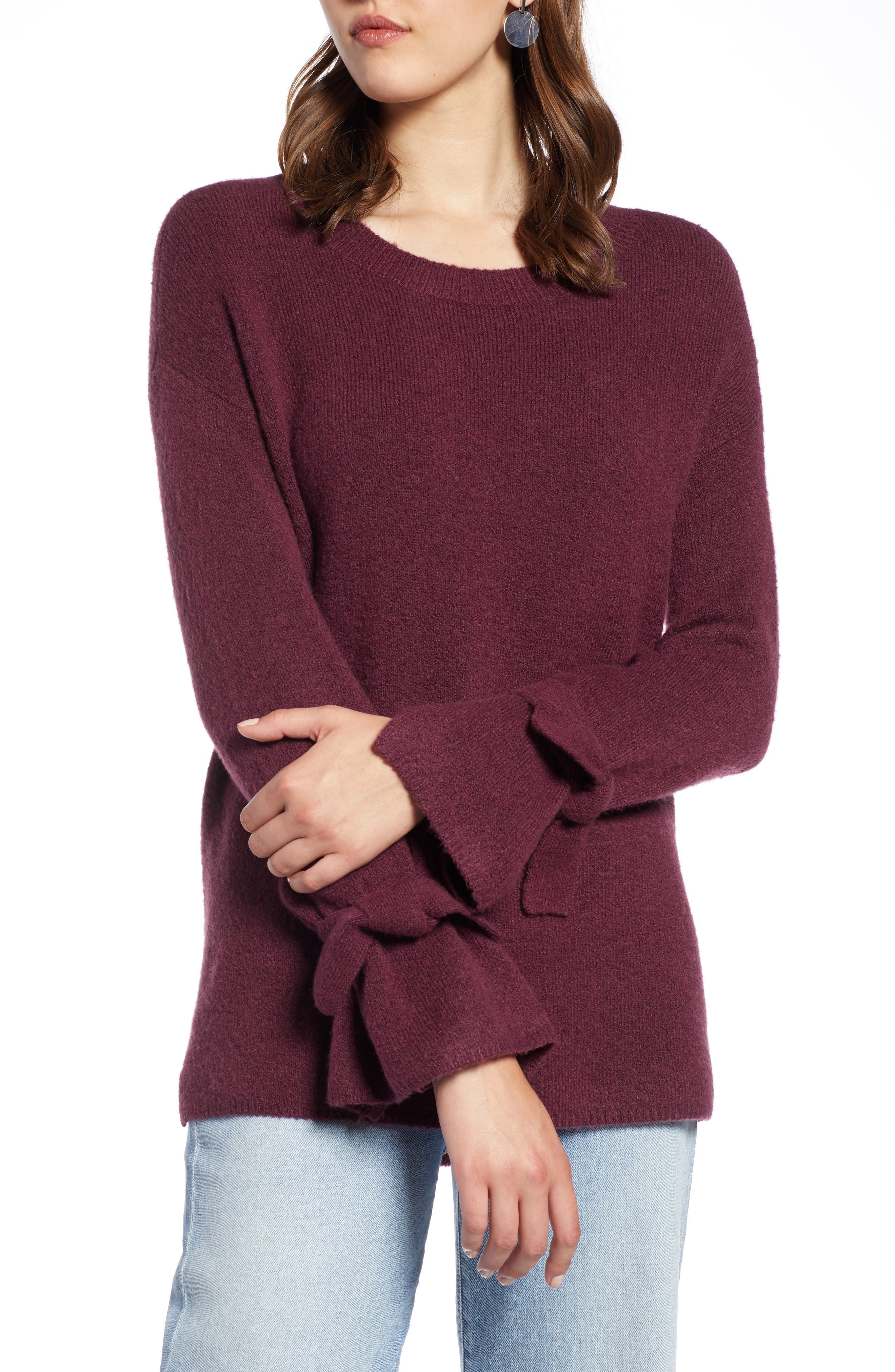 Halogen Tie Sleeve Wool Blend Sweater, Burgundy