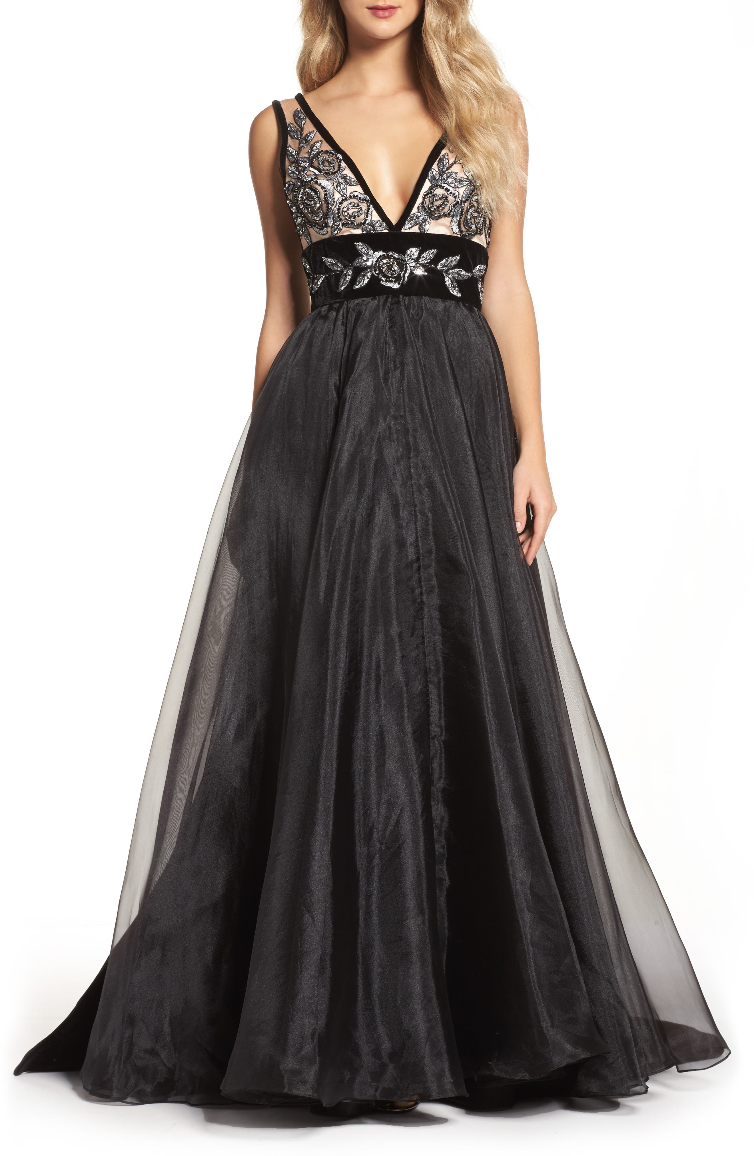 MAC Duggal Embroidered Plunge Neck Ballgown