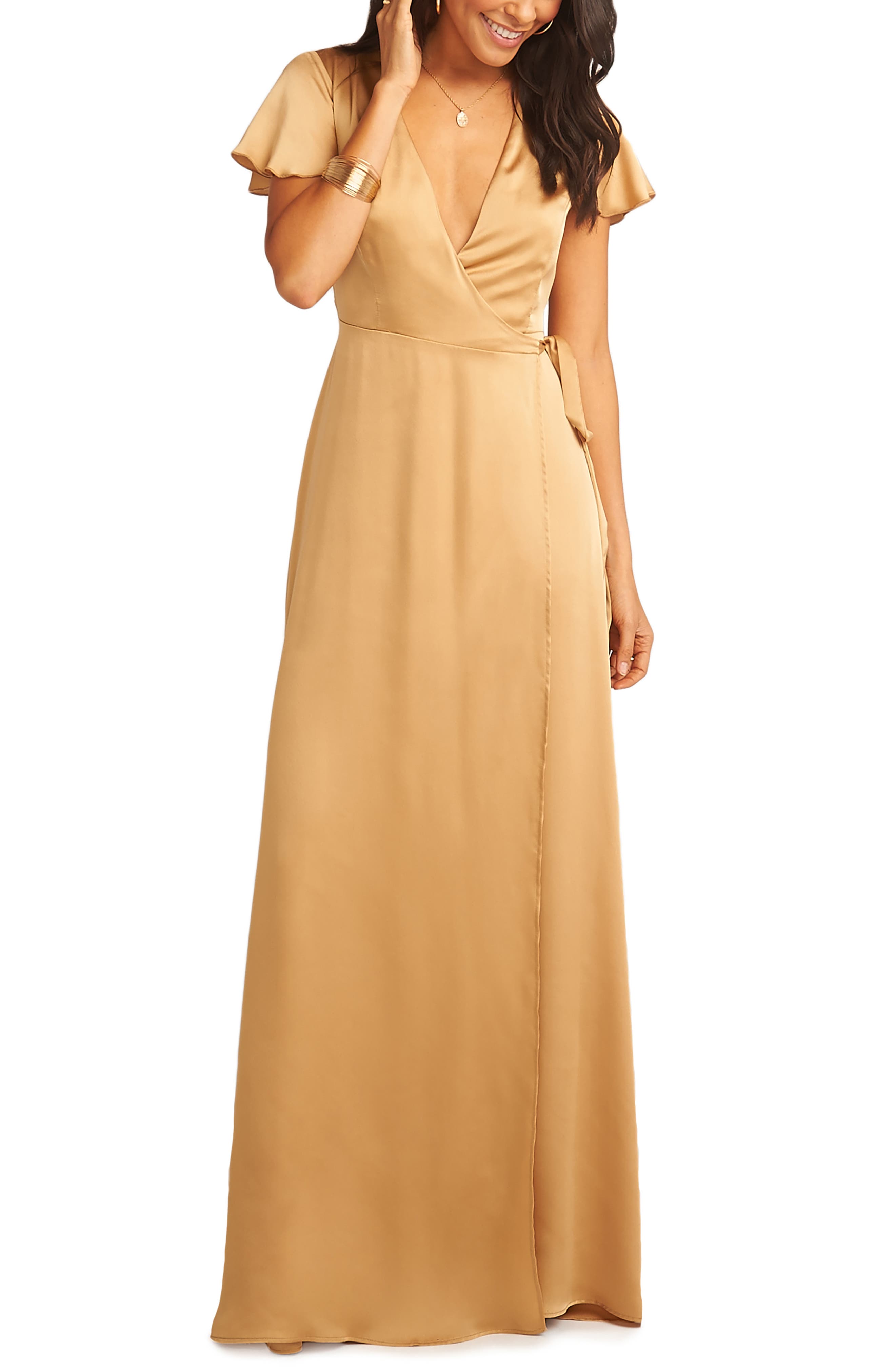 Show Me Your Mumu Noelle Satin Wrap Evening Dress, Yellow