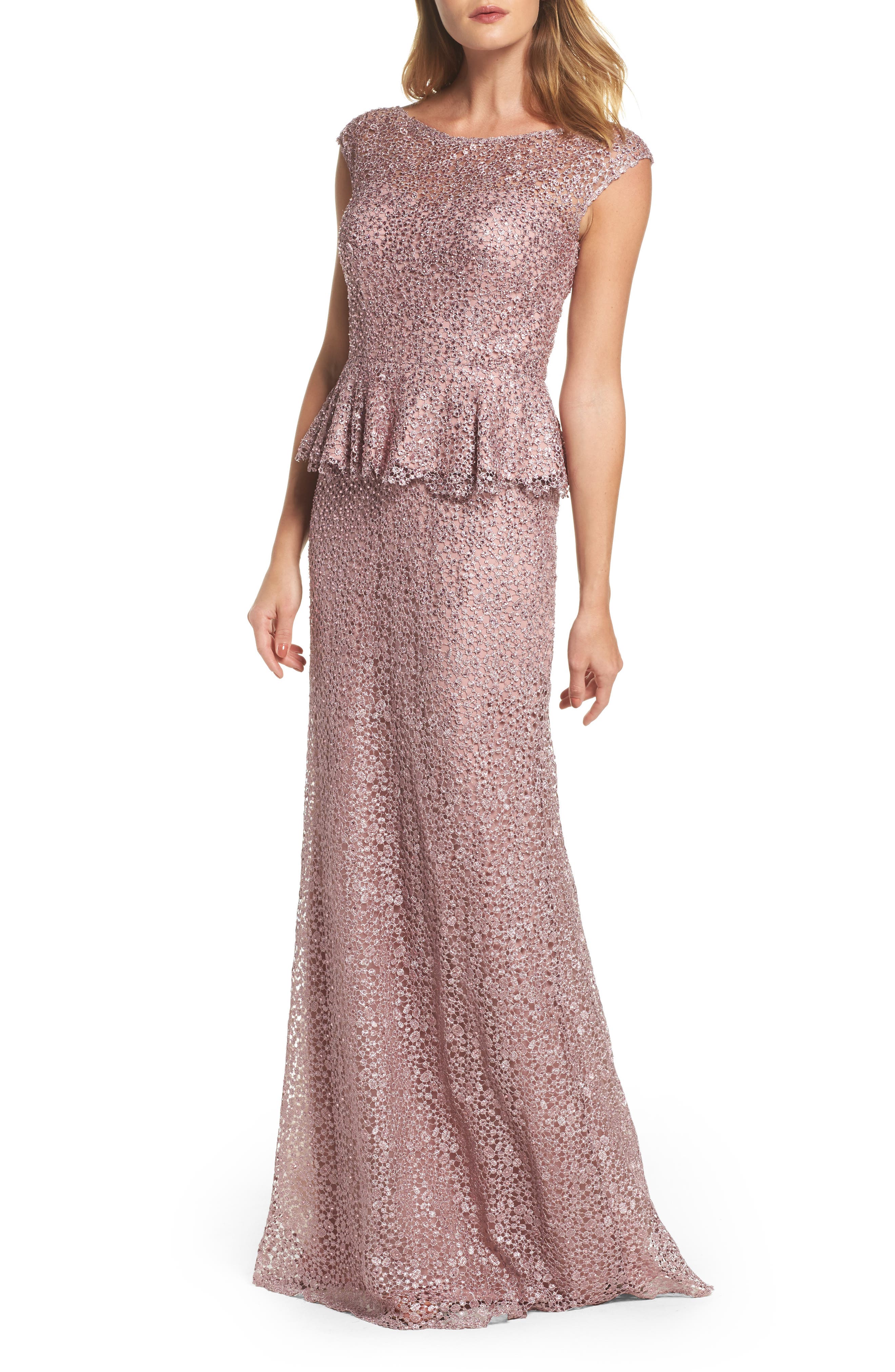La Femme Embellished Lace Peplum Gown, Purple