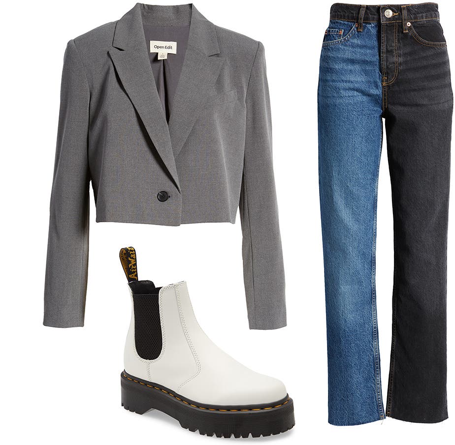 An outfit collage consisting of a cropped blazer, blue and black color-blocked jeans and chunky white boots