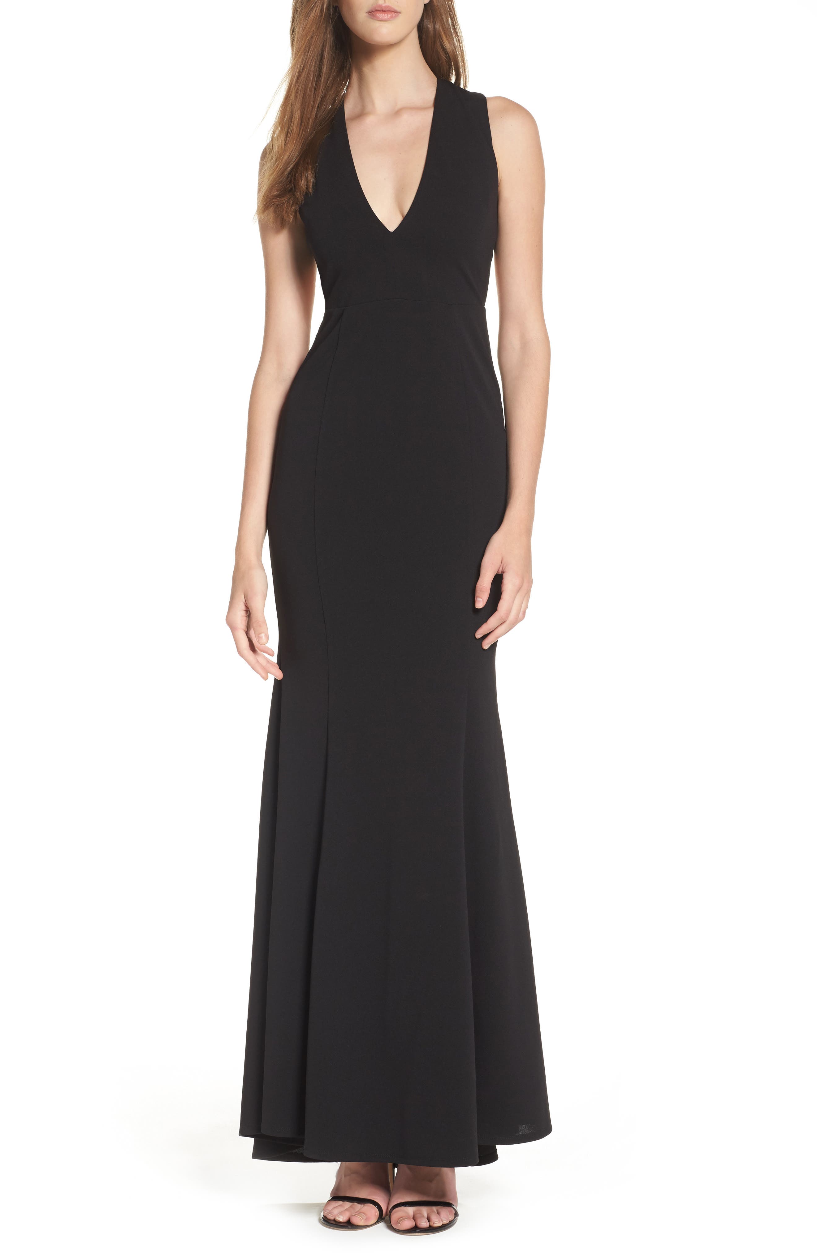 Lulus Heaven & Earth Plunge Neck Gown, Black