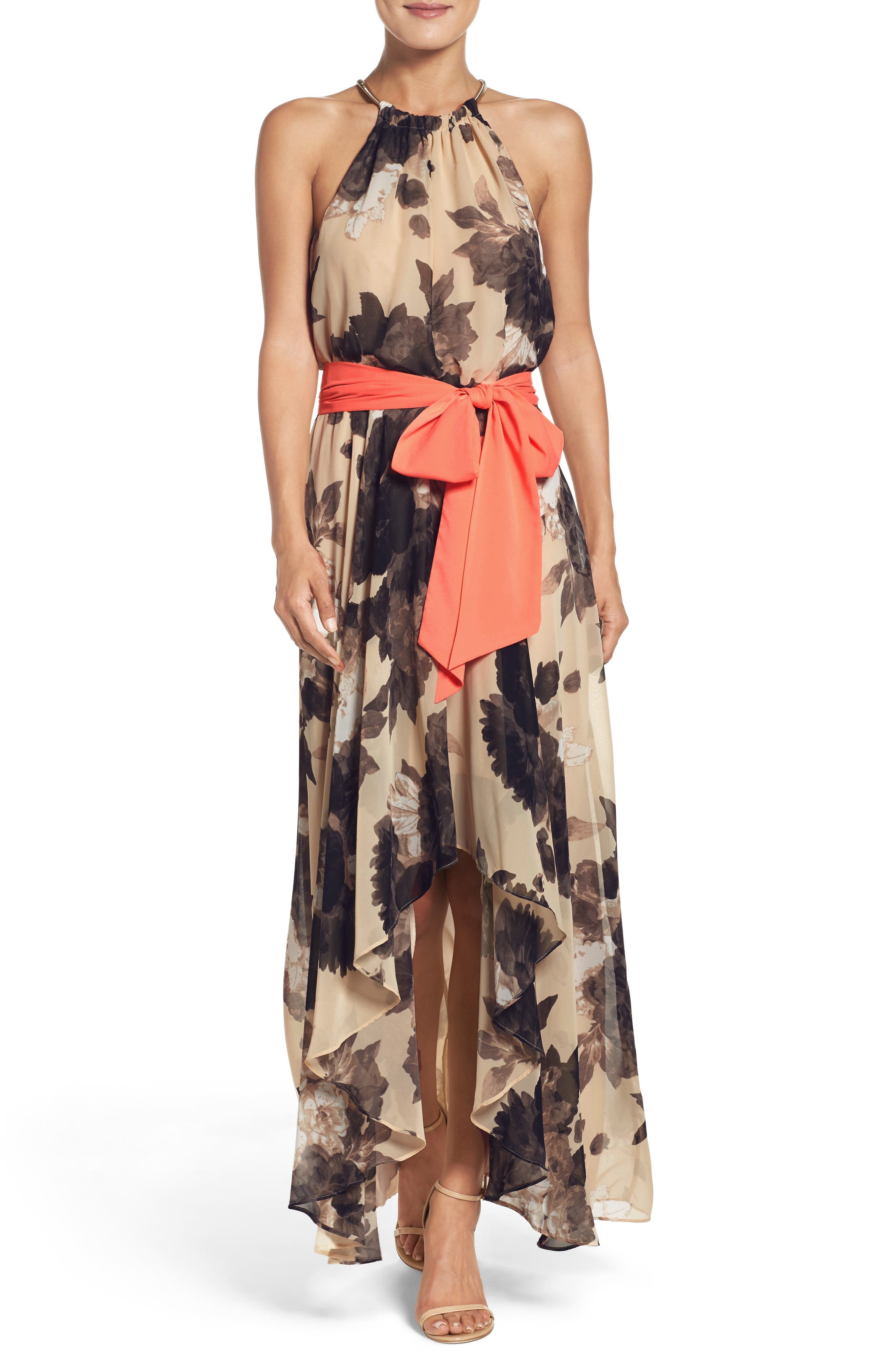 Eliza J Floral Print Halter Chiffon Maxi Dress