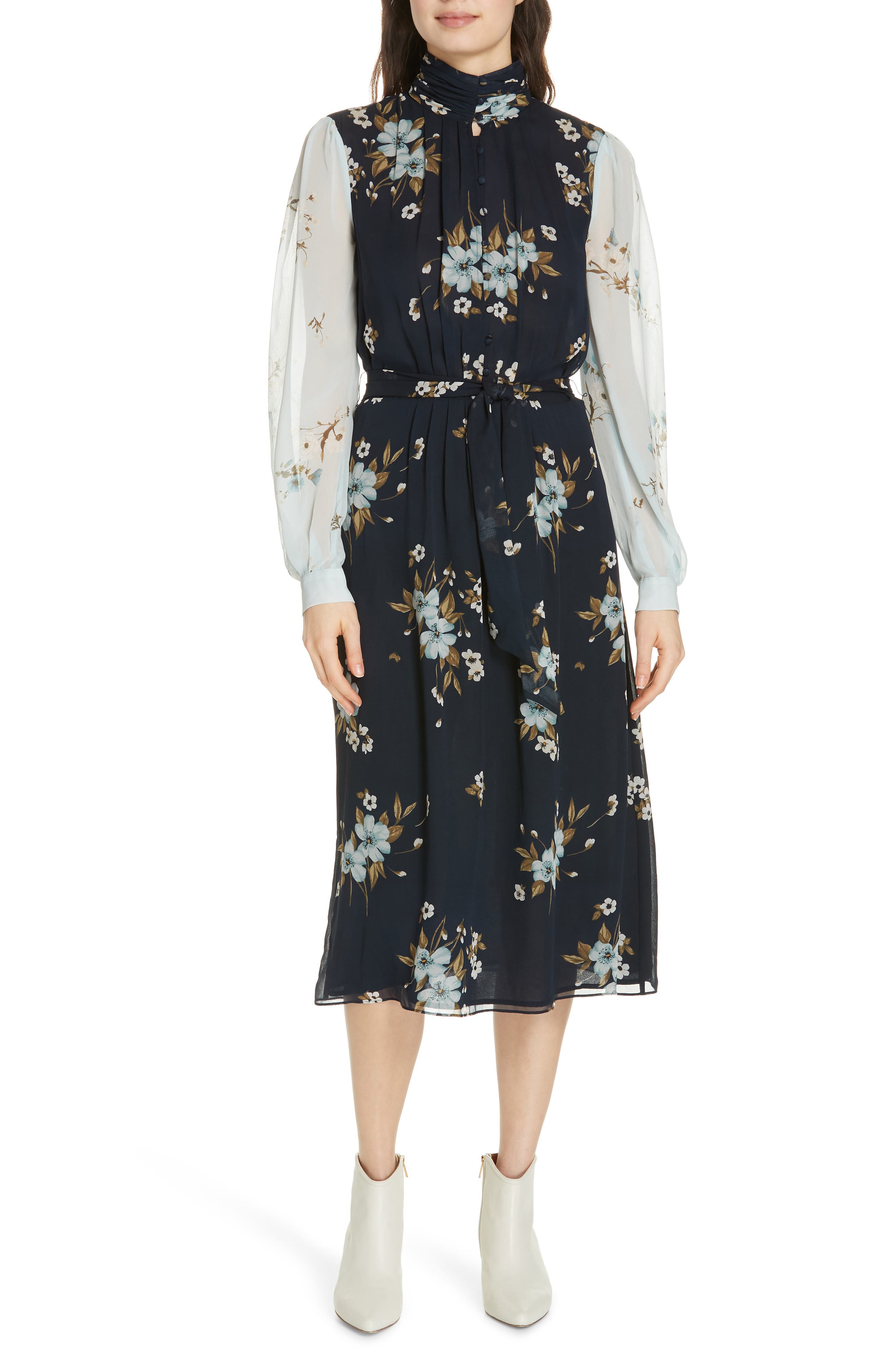 Joie Abbryana Silk Chiffon High Neck Dress, Blue/green