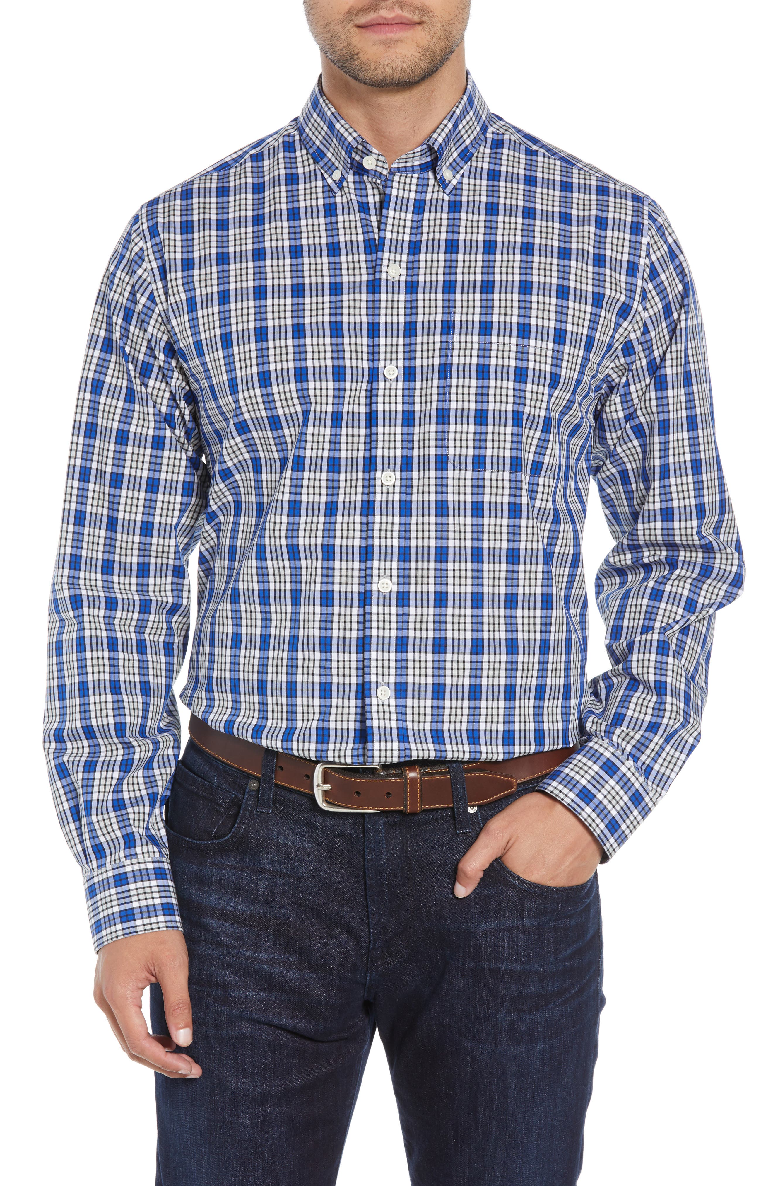 Cutter & Buck Harris Regular Fit Non-Iron Plaid Sport Shirt, Blue