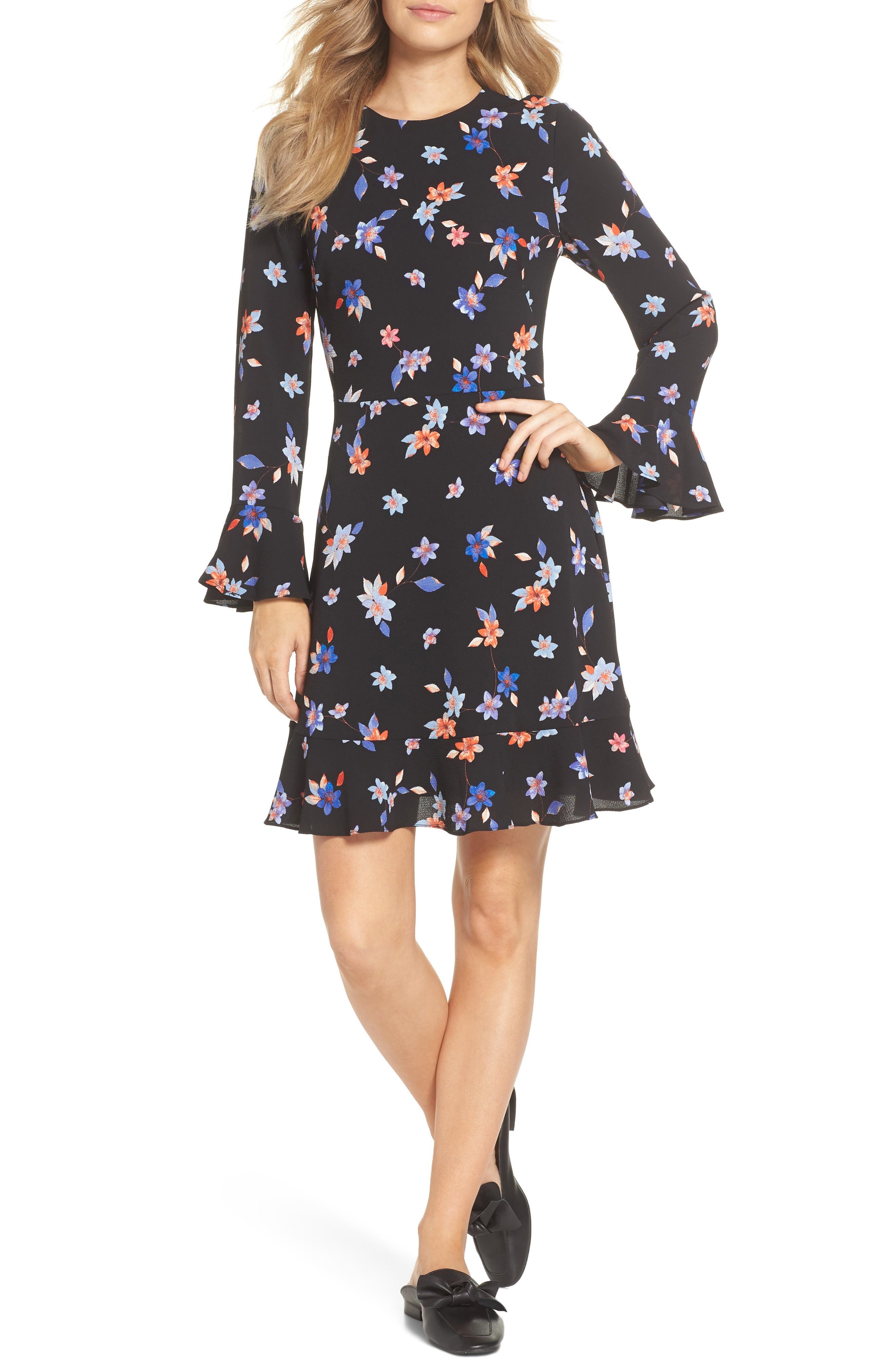 Eliza J Floral Flare Cuff Dress, Black
