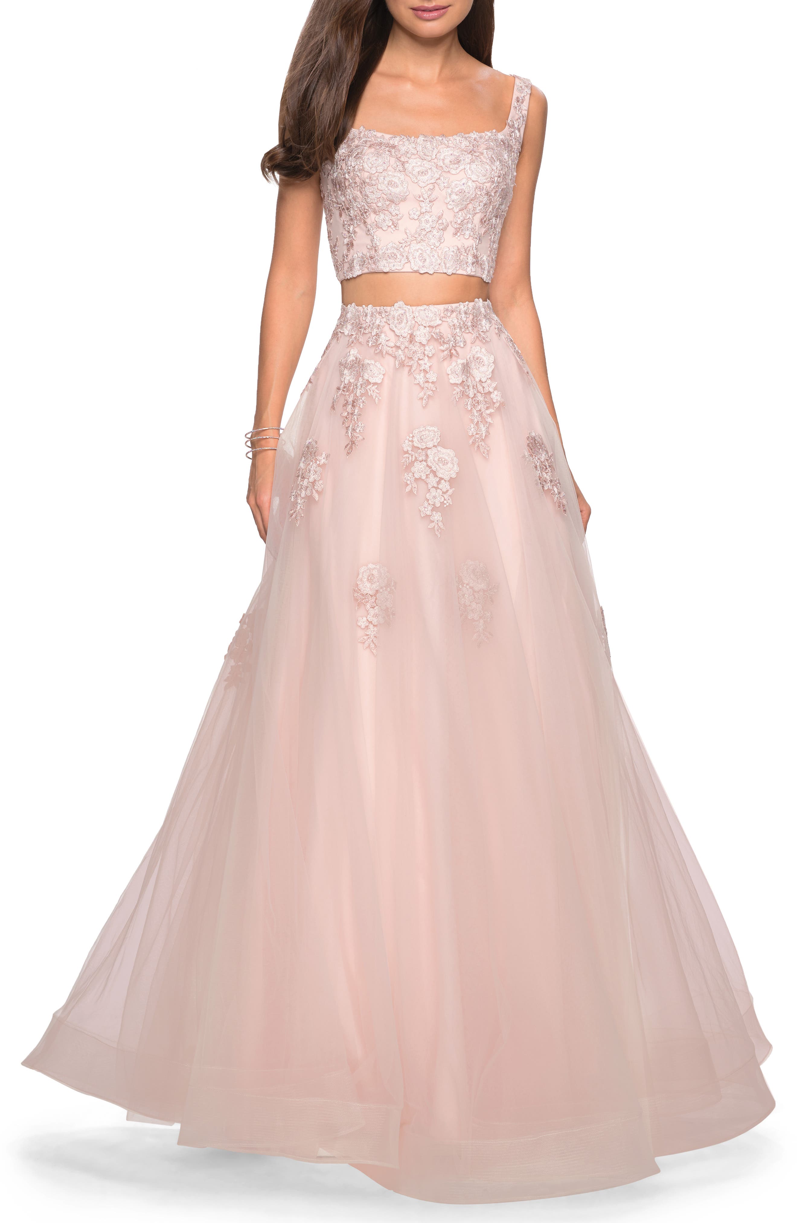 La Femme Two-Piece Tulle & Lace Evening Dress, Pink