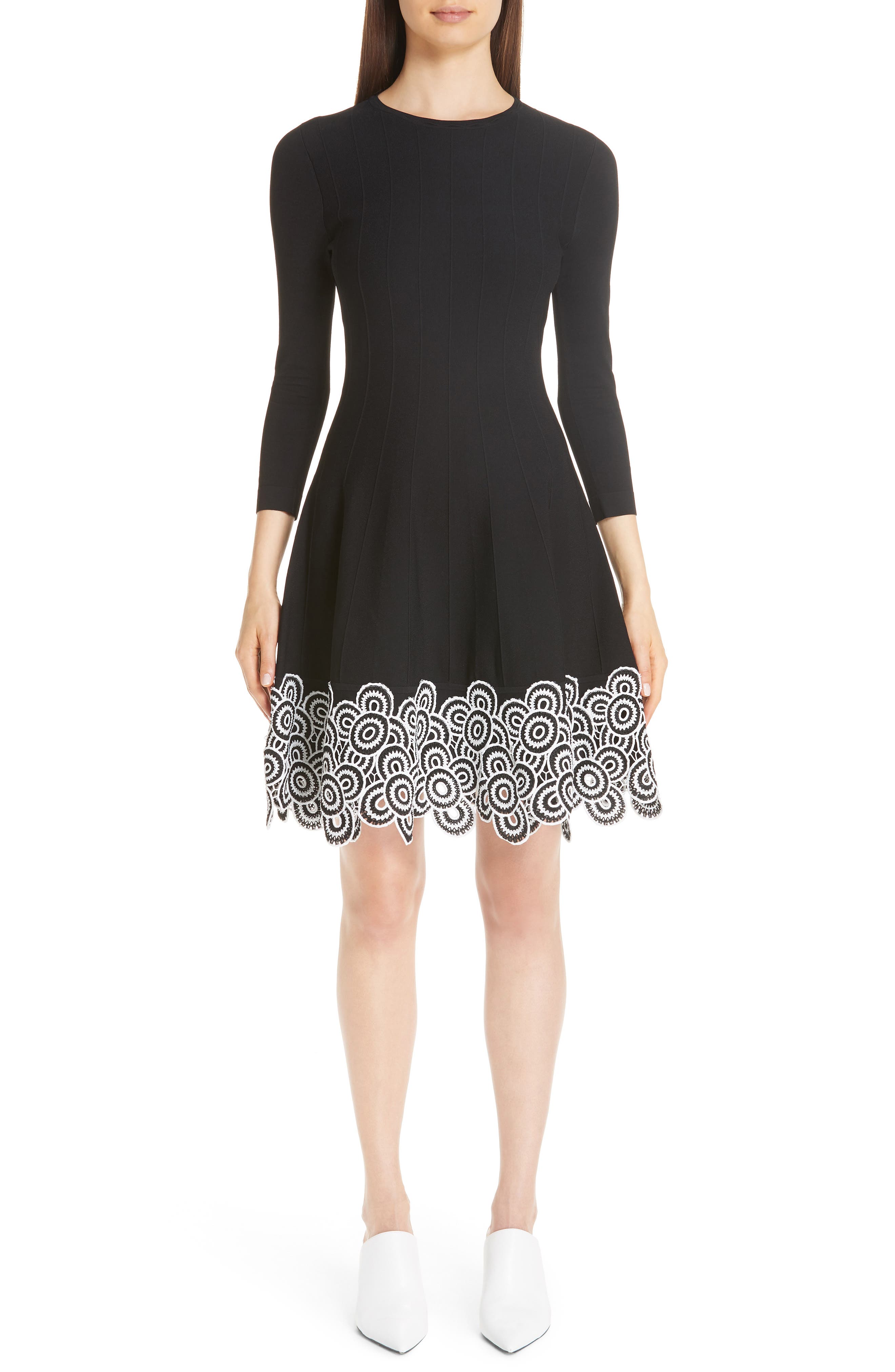 Lela Rose Crochet Lace Hem Fit & Flare Dress, Black