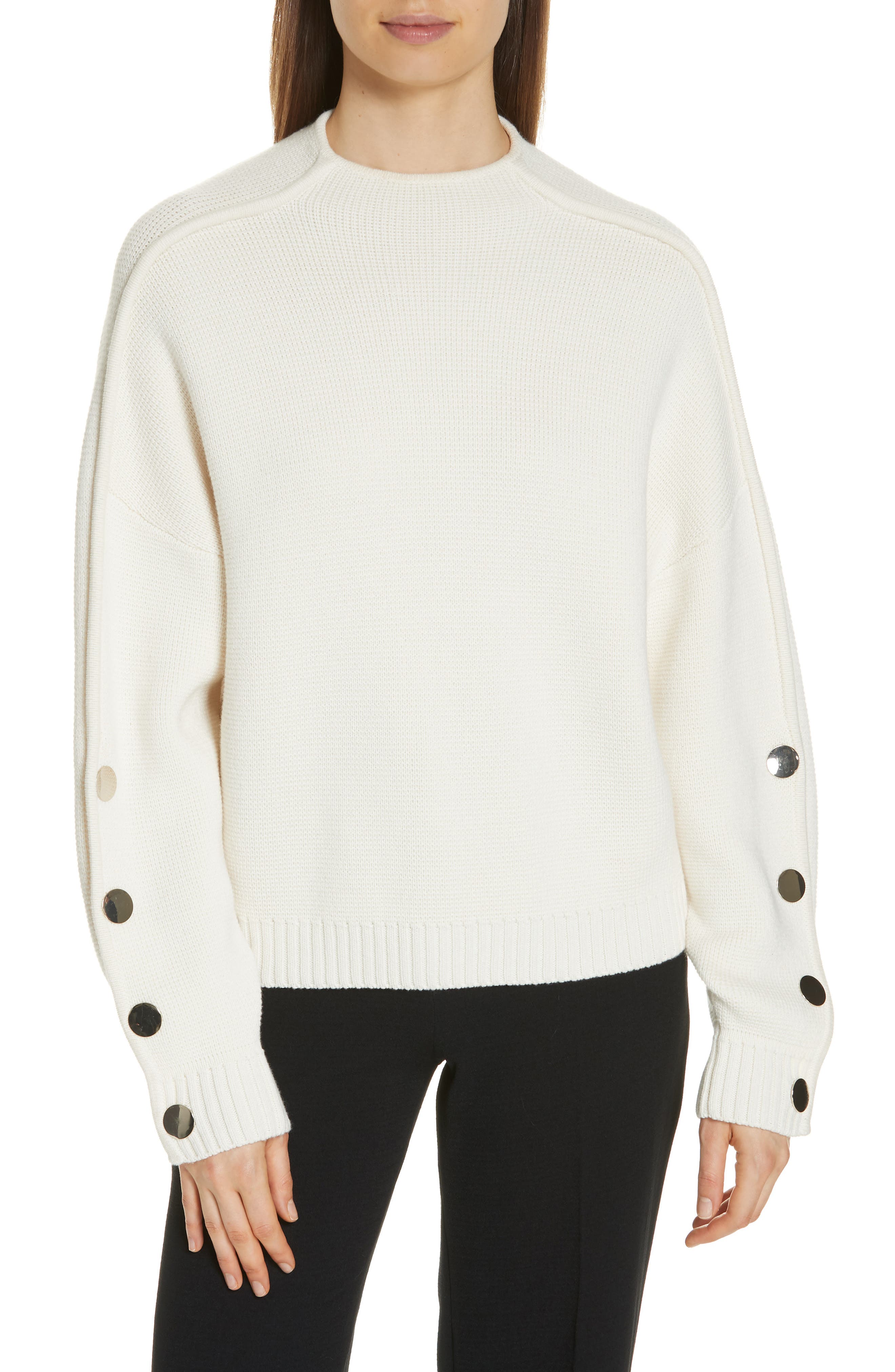 Ba & sh Astana Button Sleeve Waffle Weave Cotton Wool Sweater, Ivory