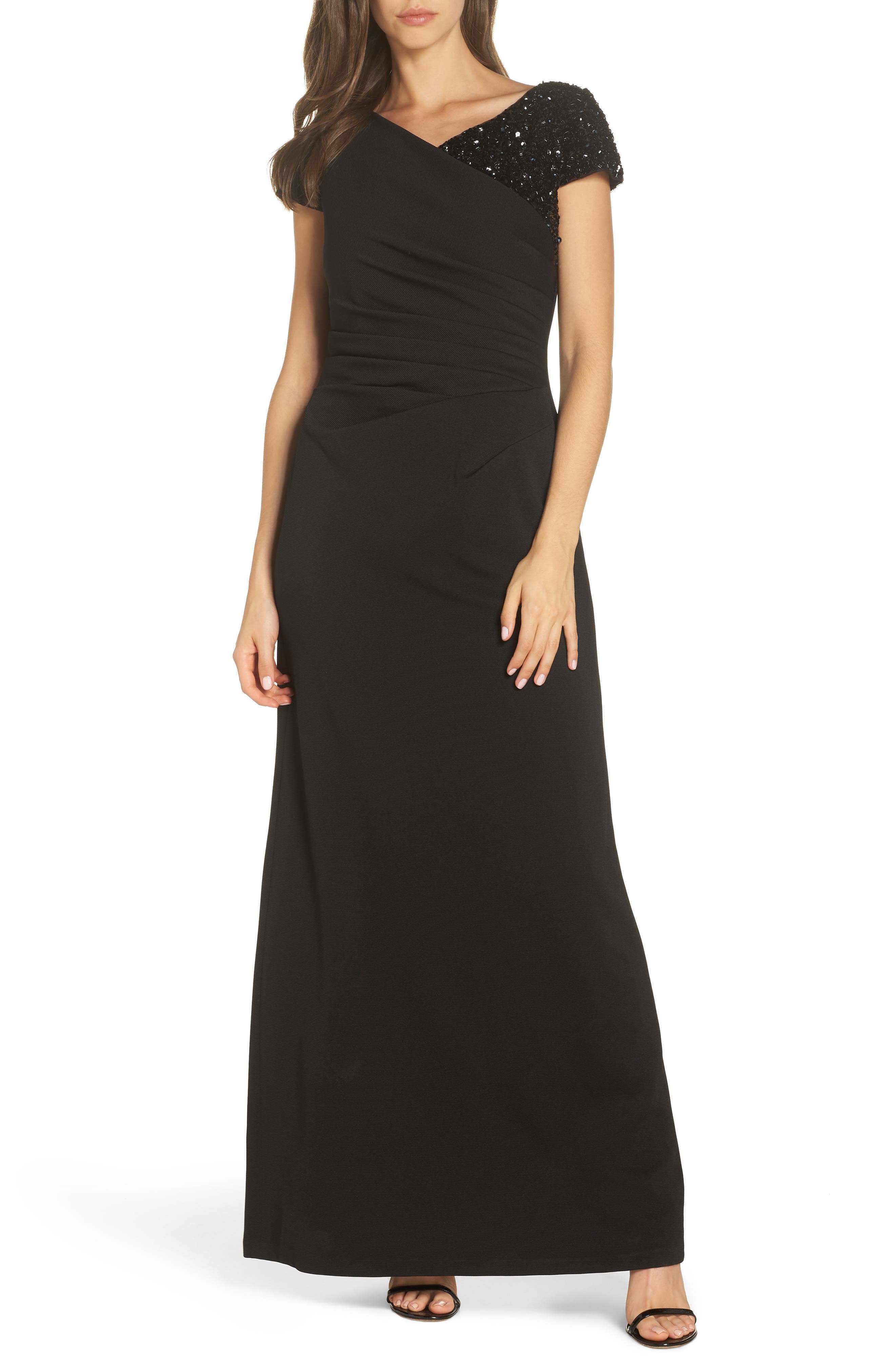 Adrianna Papell Beaded Shoulder Ruched Gown