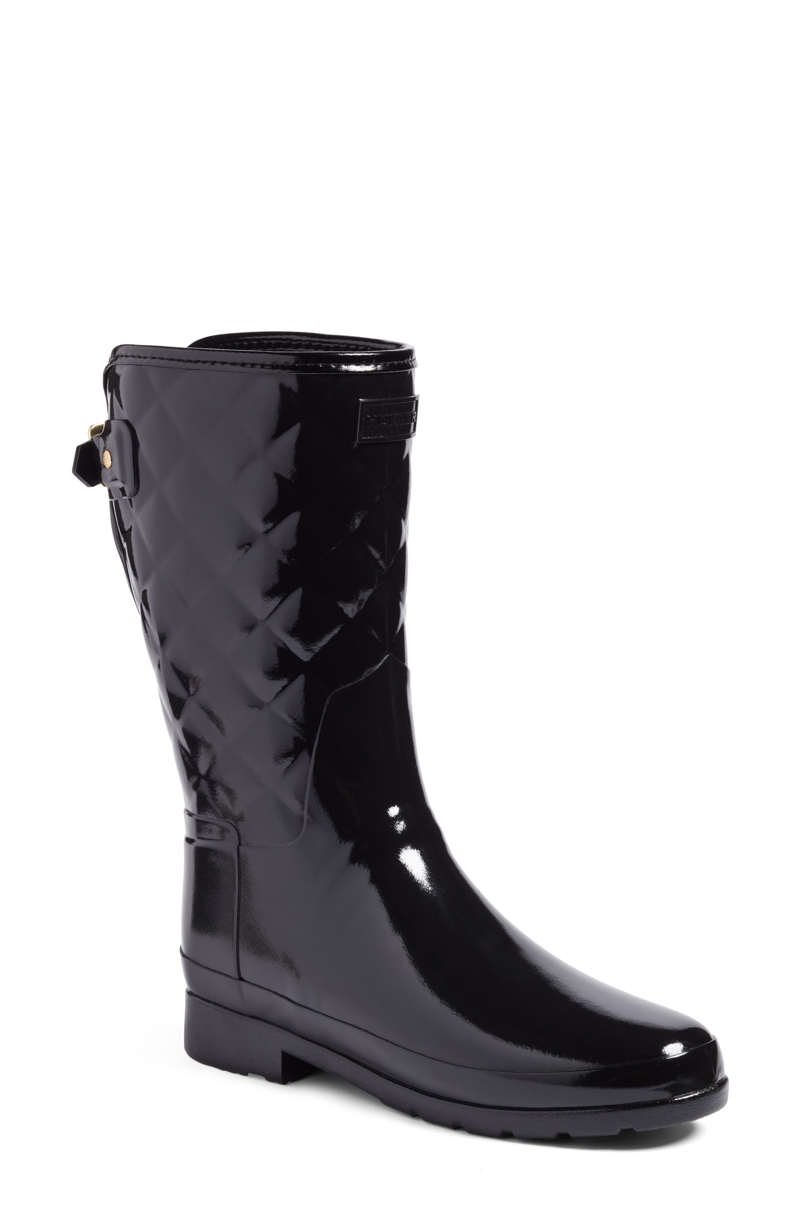 Hunter Refined High Gloss Quilted Short Waterproof Rain Boot, Black