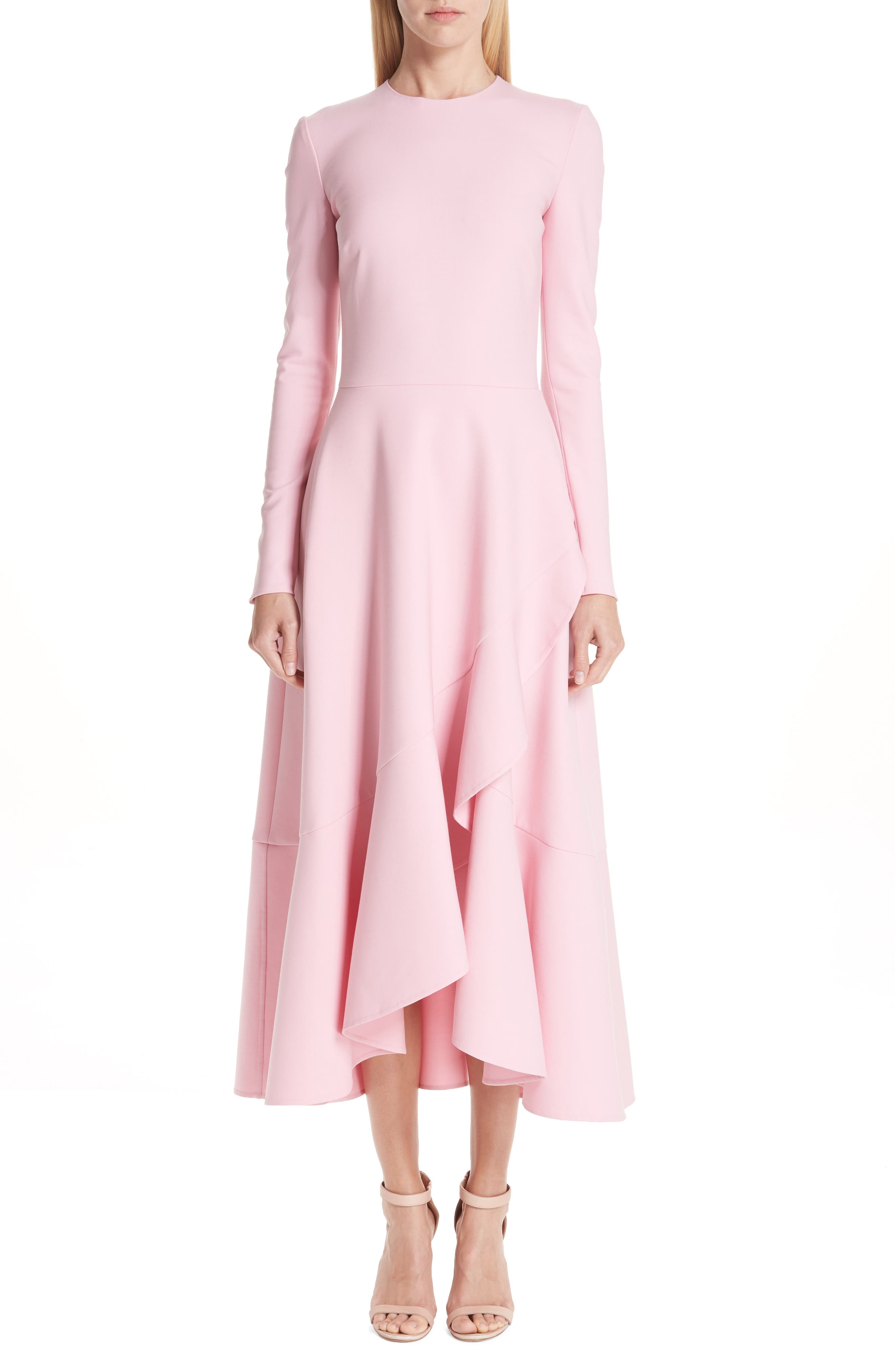 Oscar De La Renta High/low Ruffle Hem Stretch Wool Midi Dress, Pink