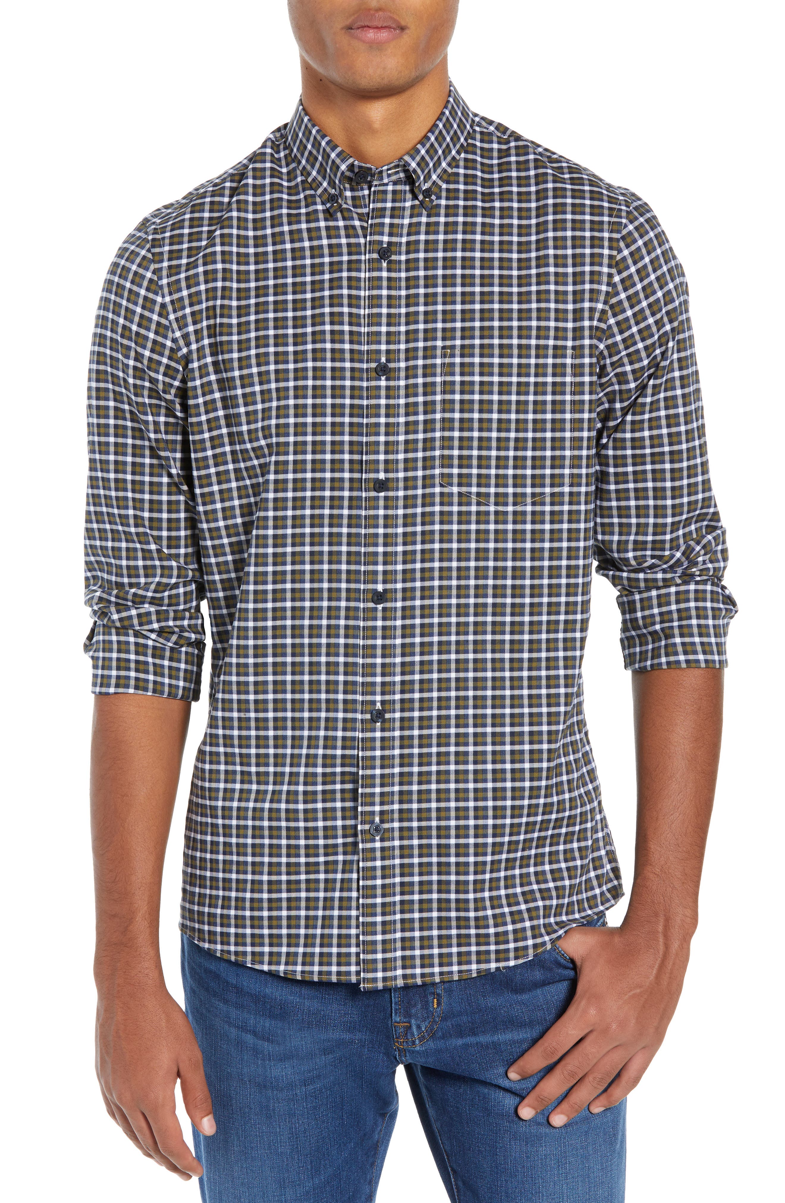 Nordstrom Shop Tech-Smart Slim Fit Check Sport Shirt, Green