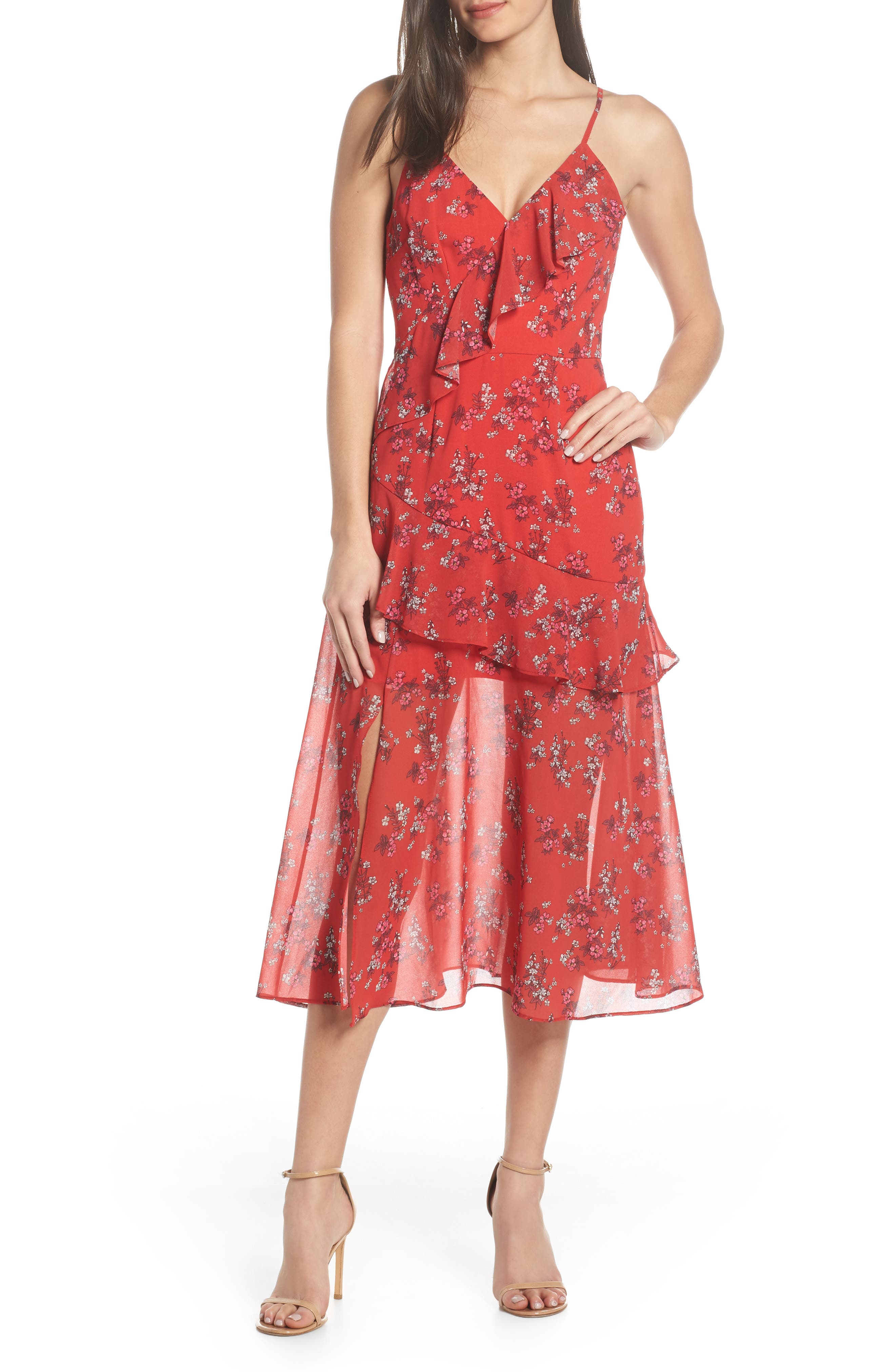 Keepsake The Label Heart & Soul Ruffle Detail Tea Length Dress, Red
