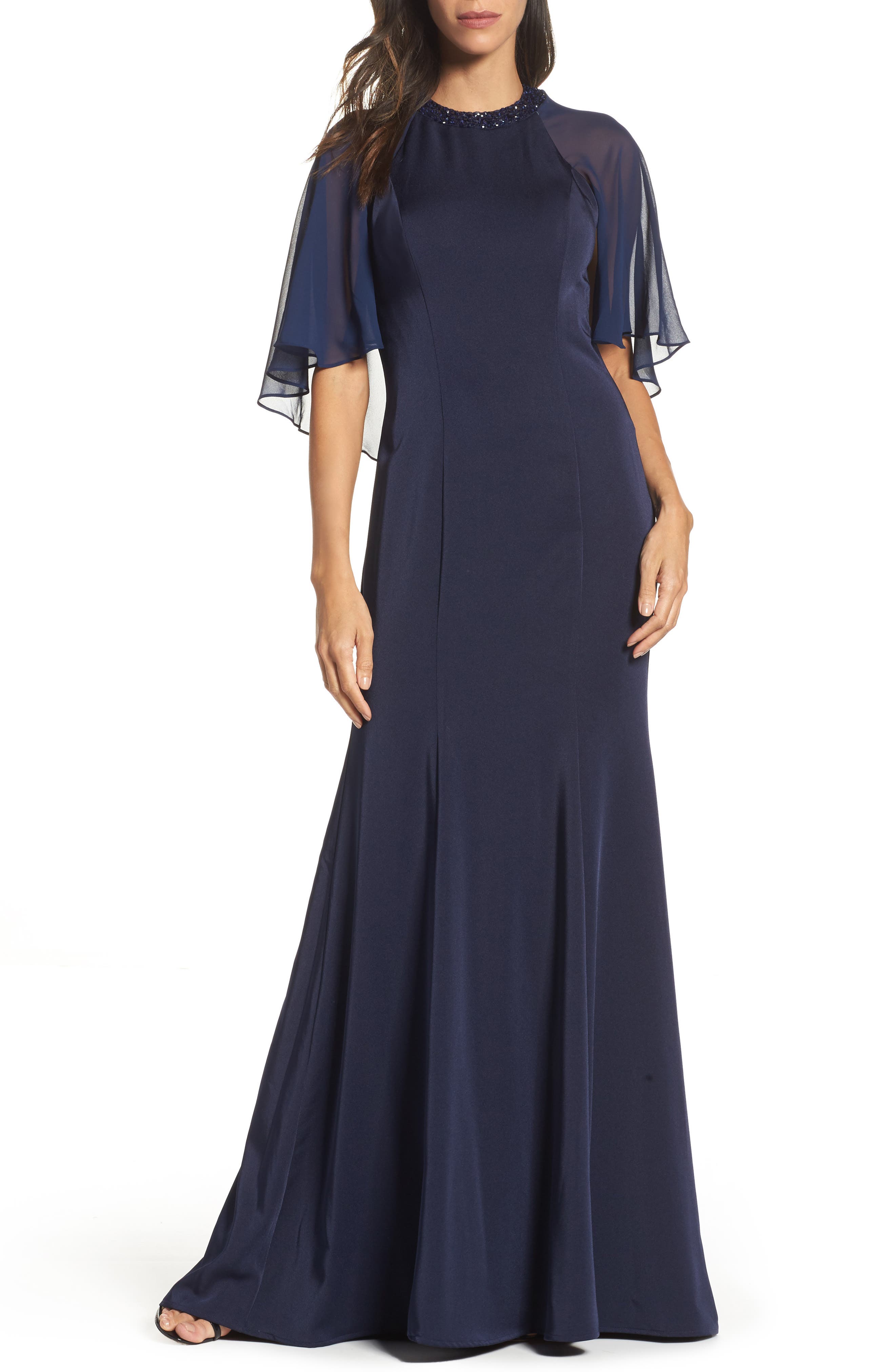 La Femme Cape Illusion Gown, Blue