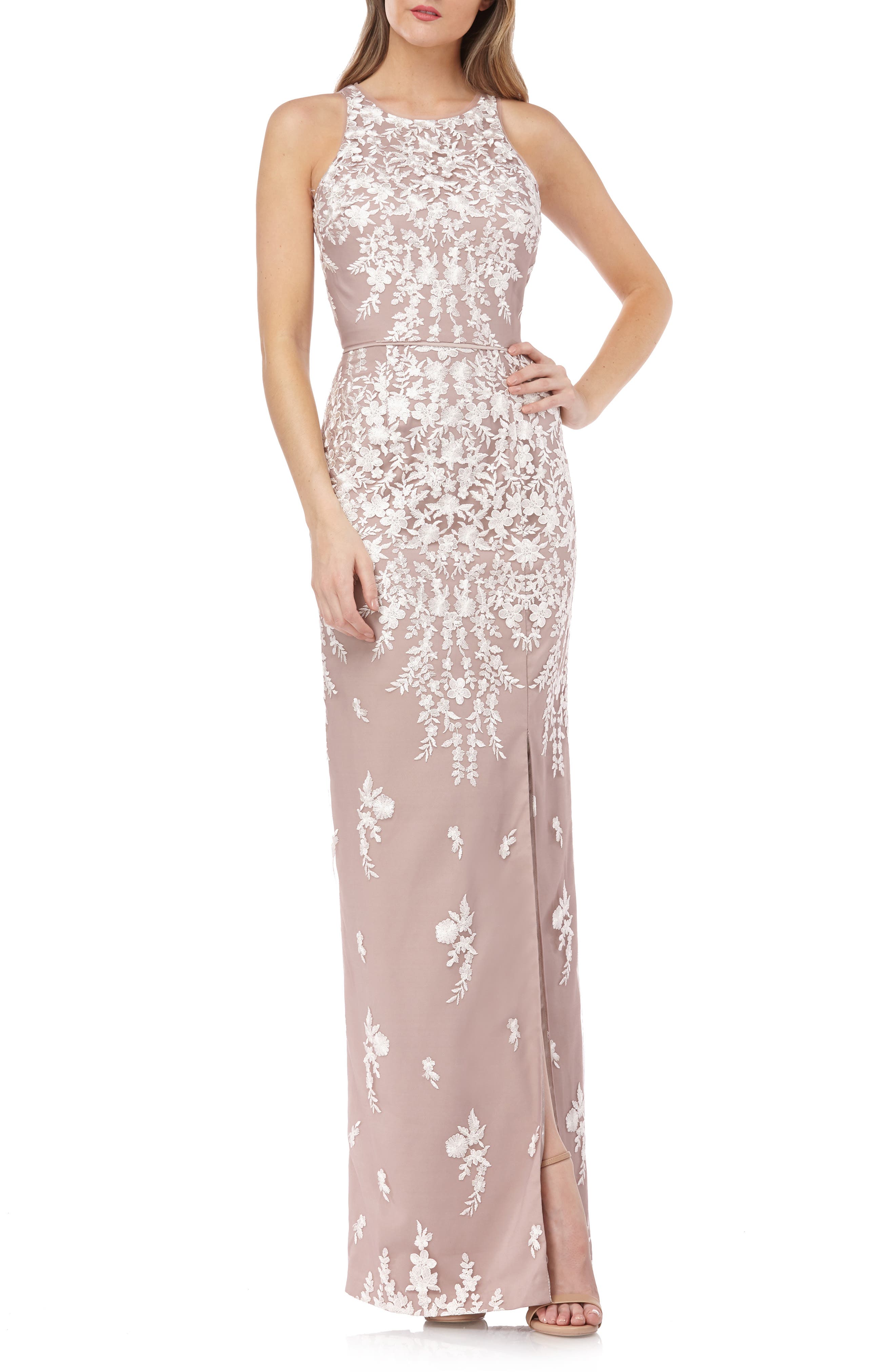 Js Collections Floral Embroidered Mesh Evening Dress, Pink
