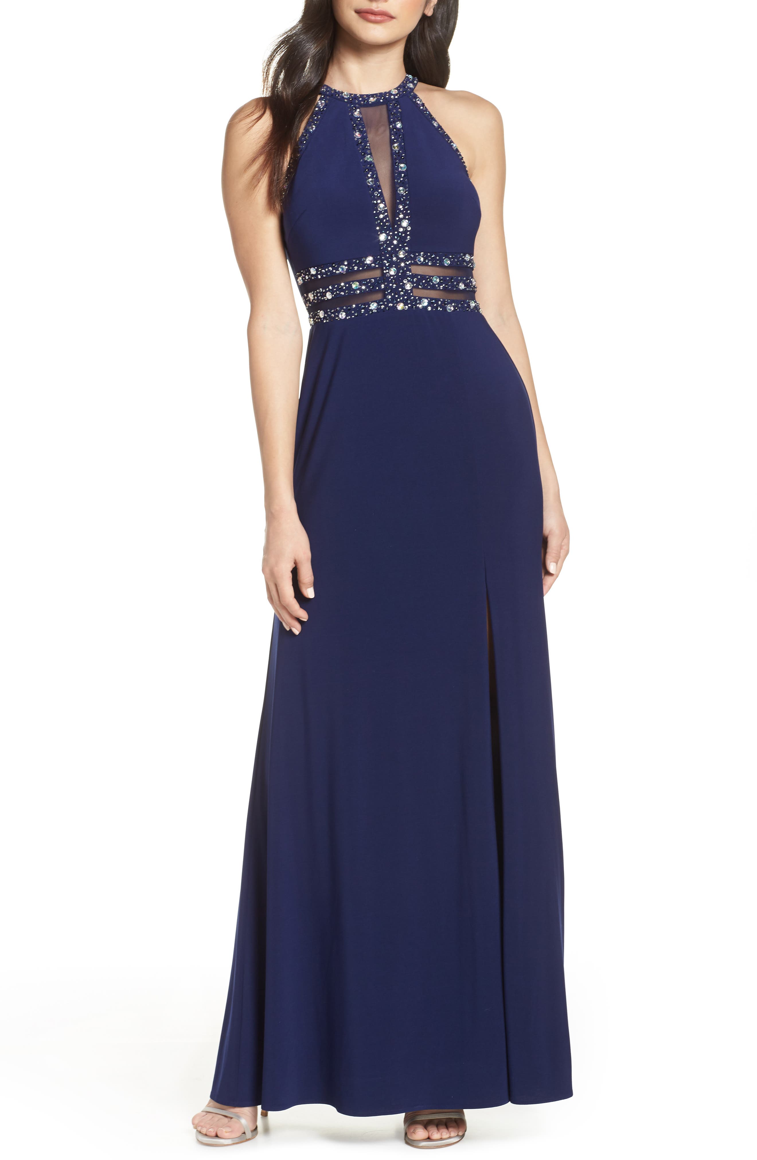 Morgan & Co. Beaded Mesh Inset Evening Dress, Blue