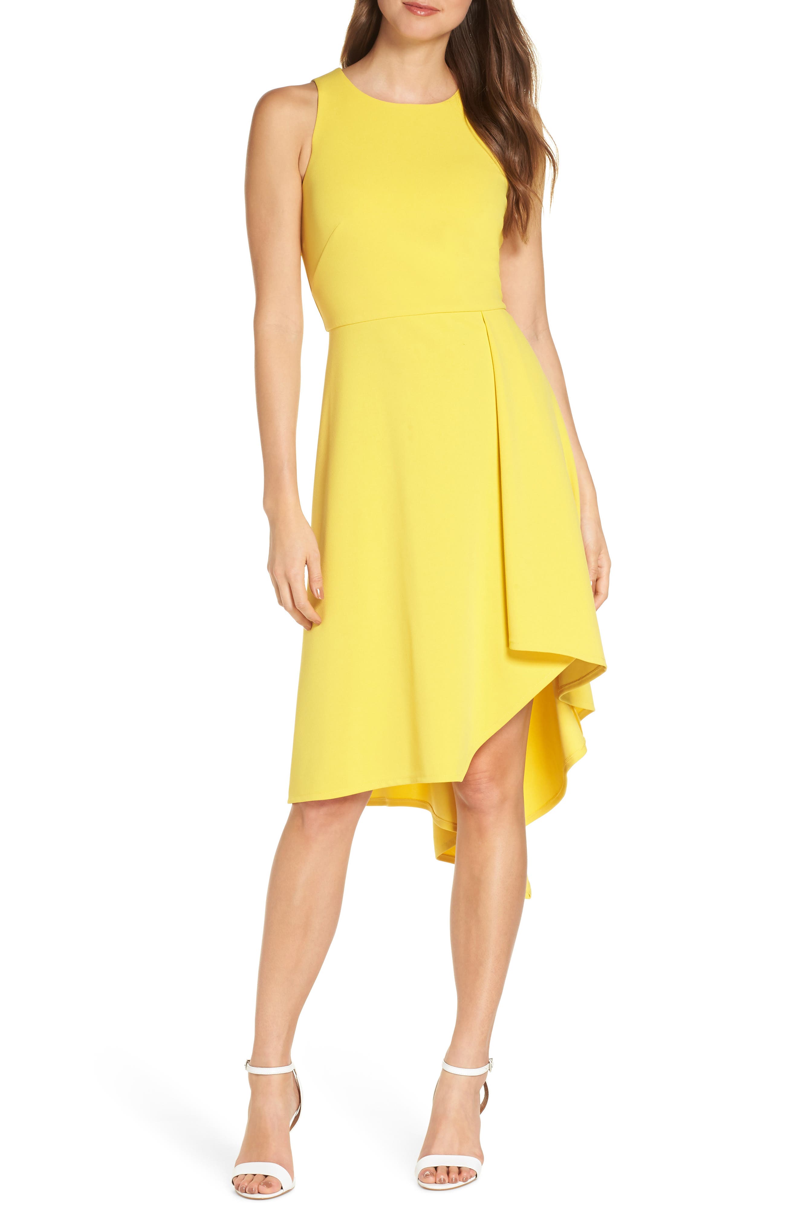 Petite Vince Camuto Asymmetrical Hem Scuba Crepe Dress, Yellow