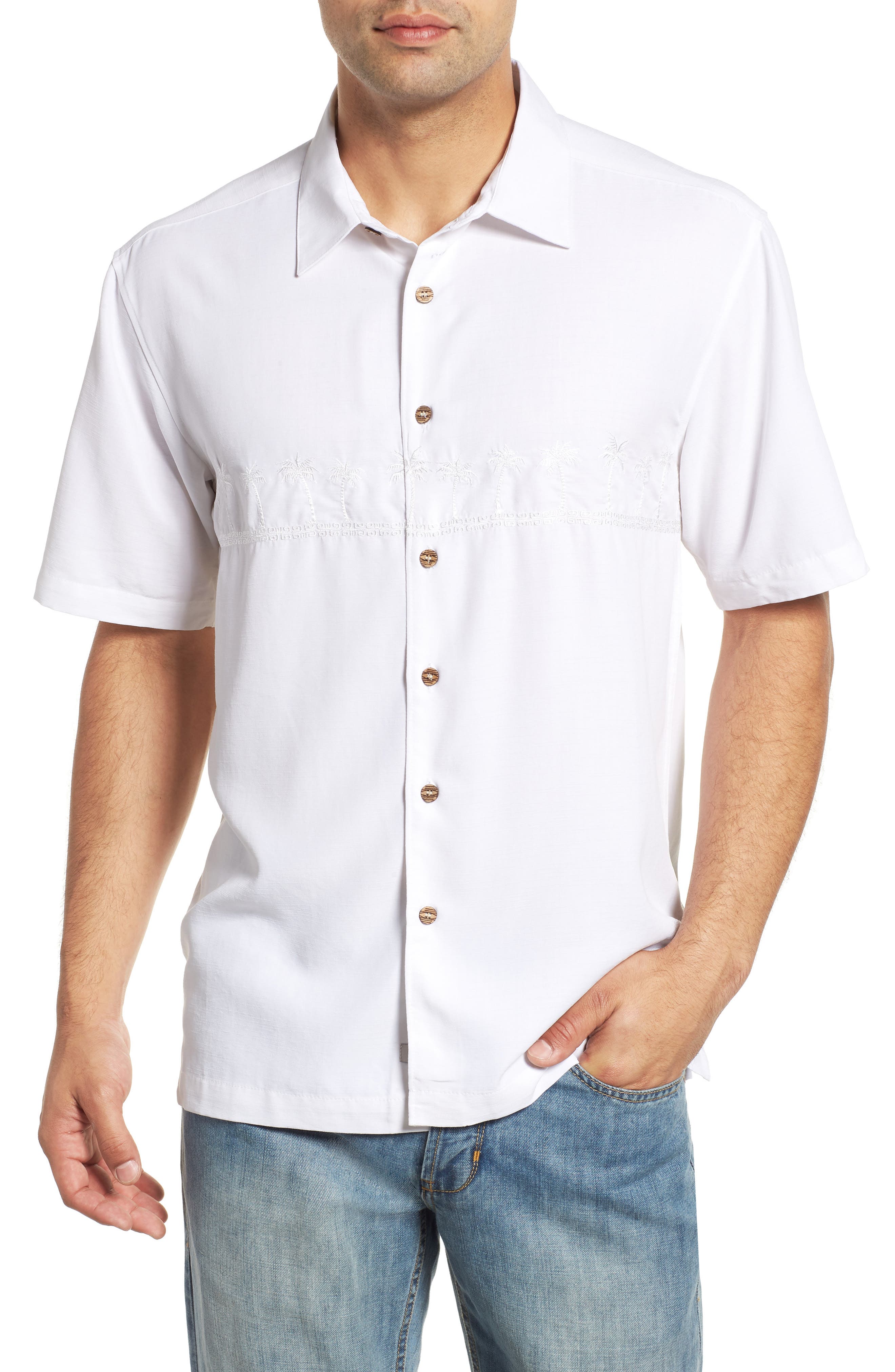Quiksilver Waterman Collection Tahiti Palms Regular Fit Sport Shirt, White