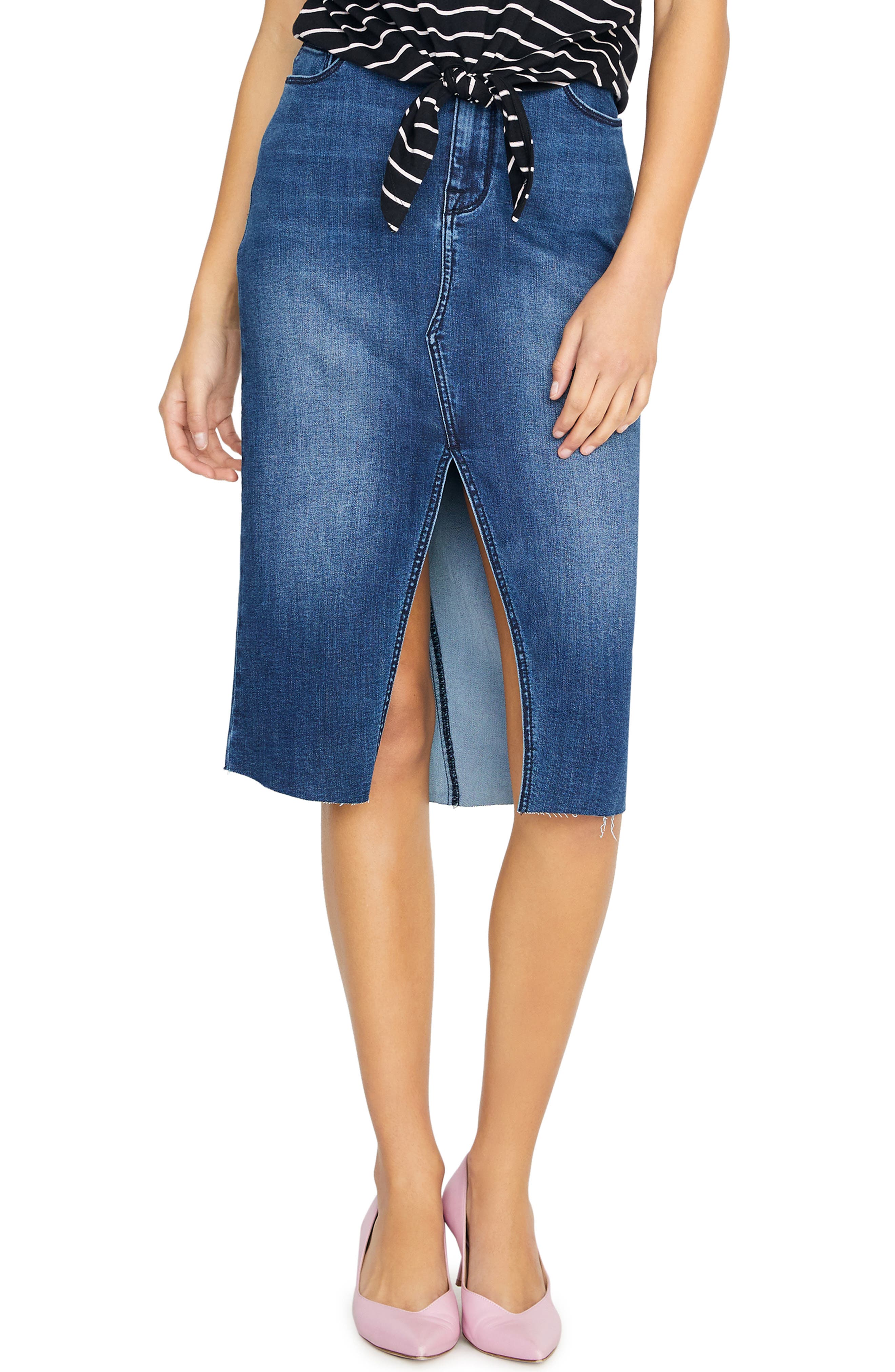 Sanctuary Moselle Raw Edge Denim Midi Skirt, Blue