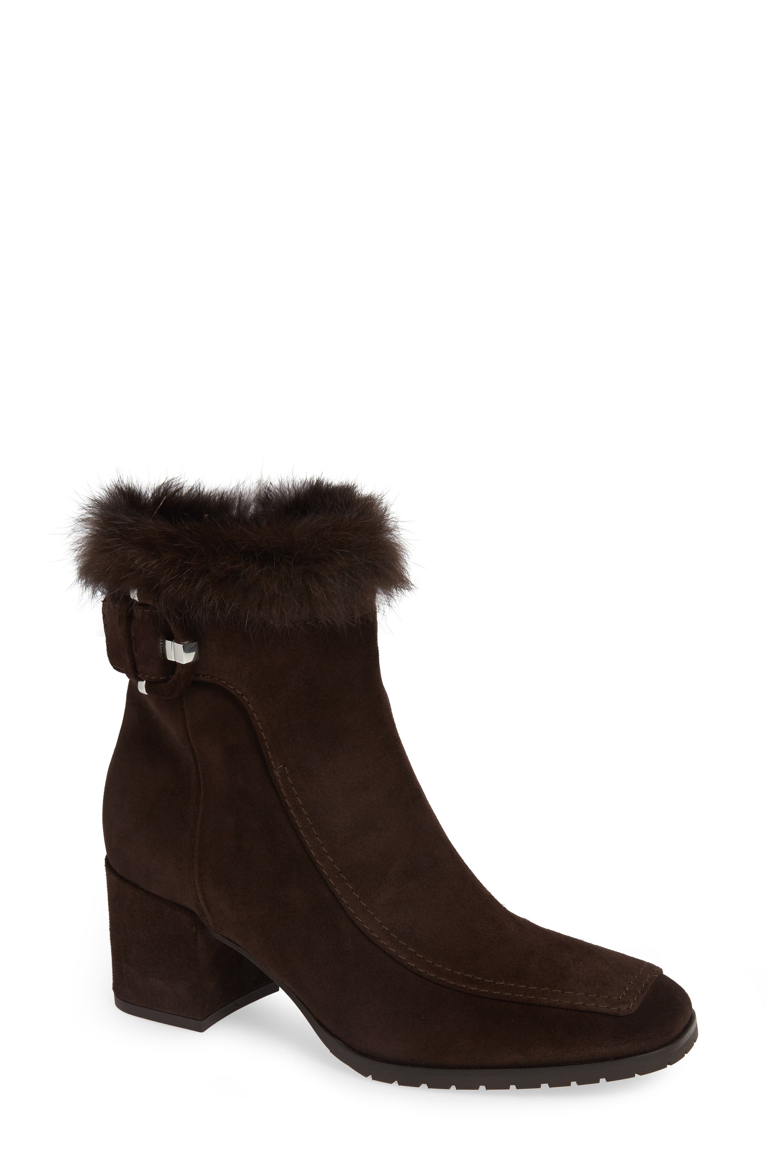 Aquatalia Water Resistant Genuine Rabbit Fur Trim Block Heel Bootie, Brown