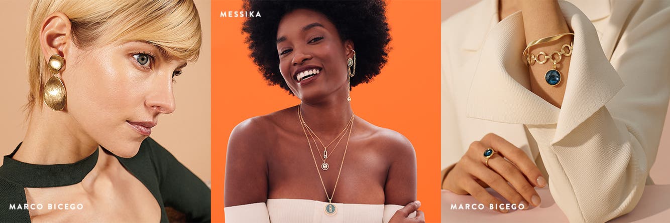 Woman wearing large gold drop earrings from Marco Bicego. Woman wearing gold earrings and layered necklaces from Messika. Woman wearing gold bracelets and ring from Marco Bicego.