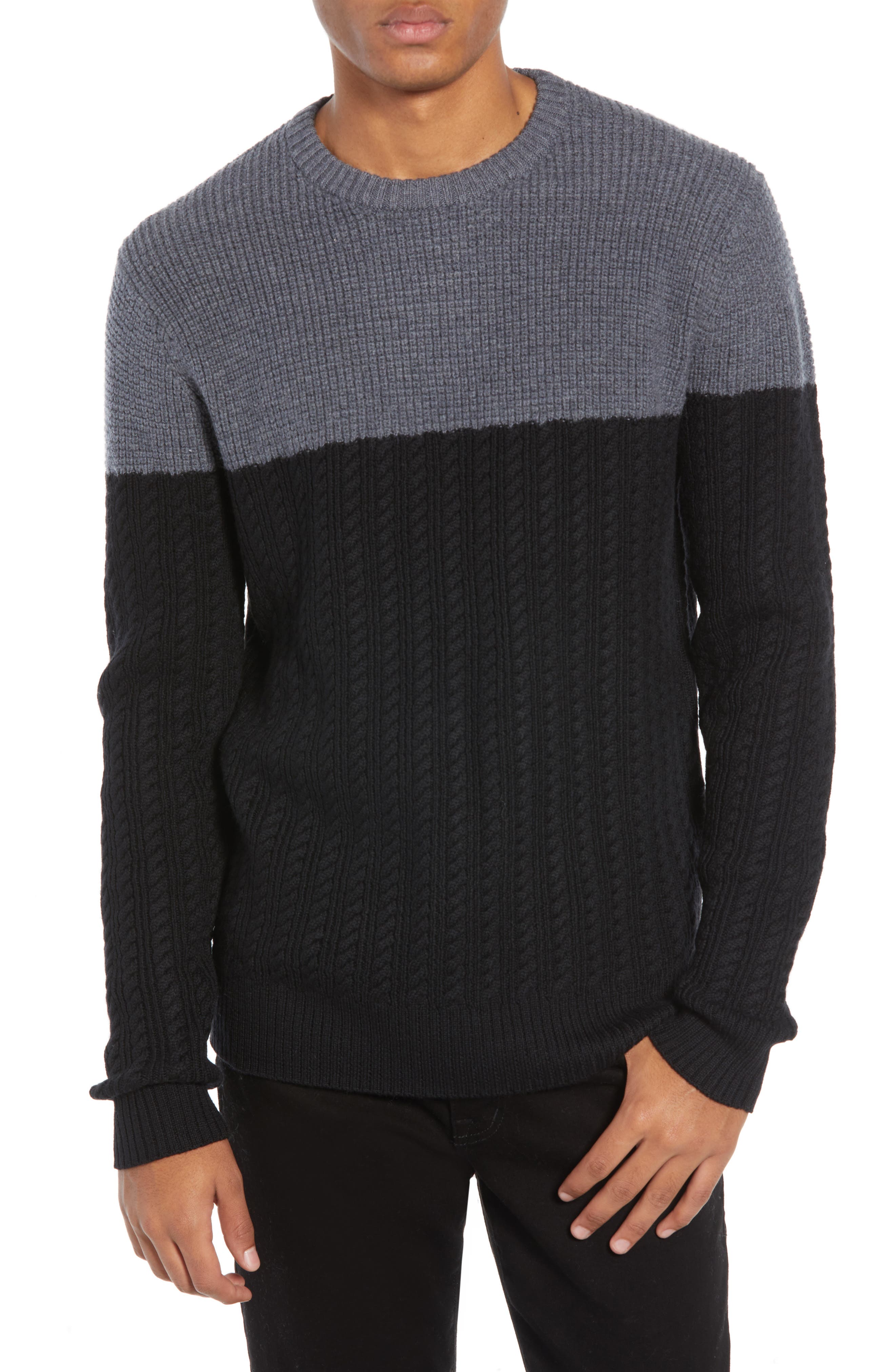 Nordstrom Signature Block Merino Wool Cable Knit Sweater, Black
