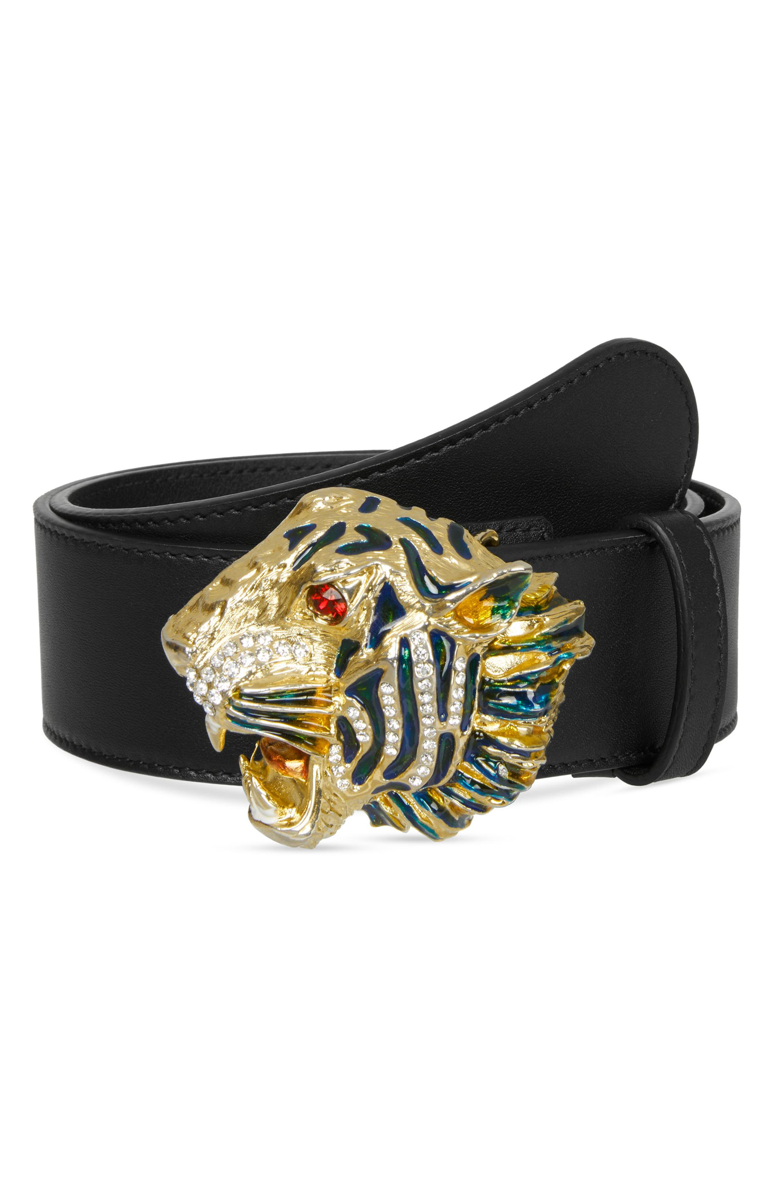 Gucci Crystal Tiger Head Leather Belt, Nero/ Multi