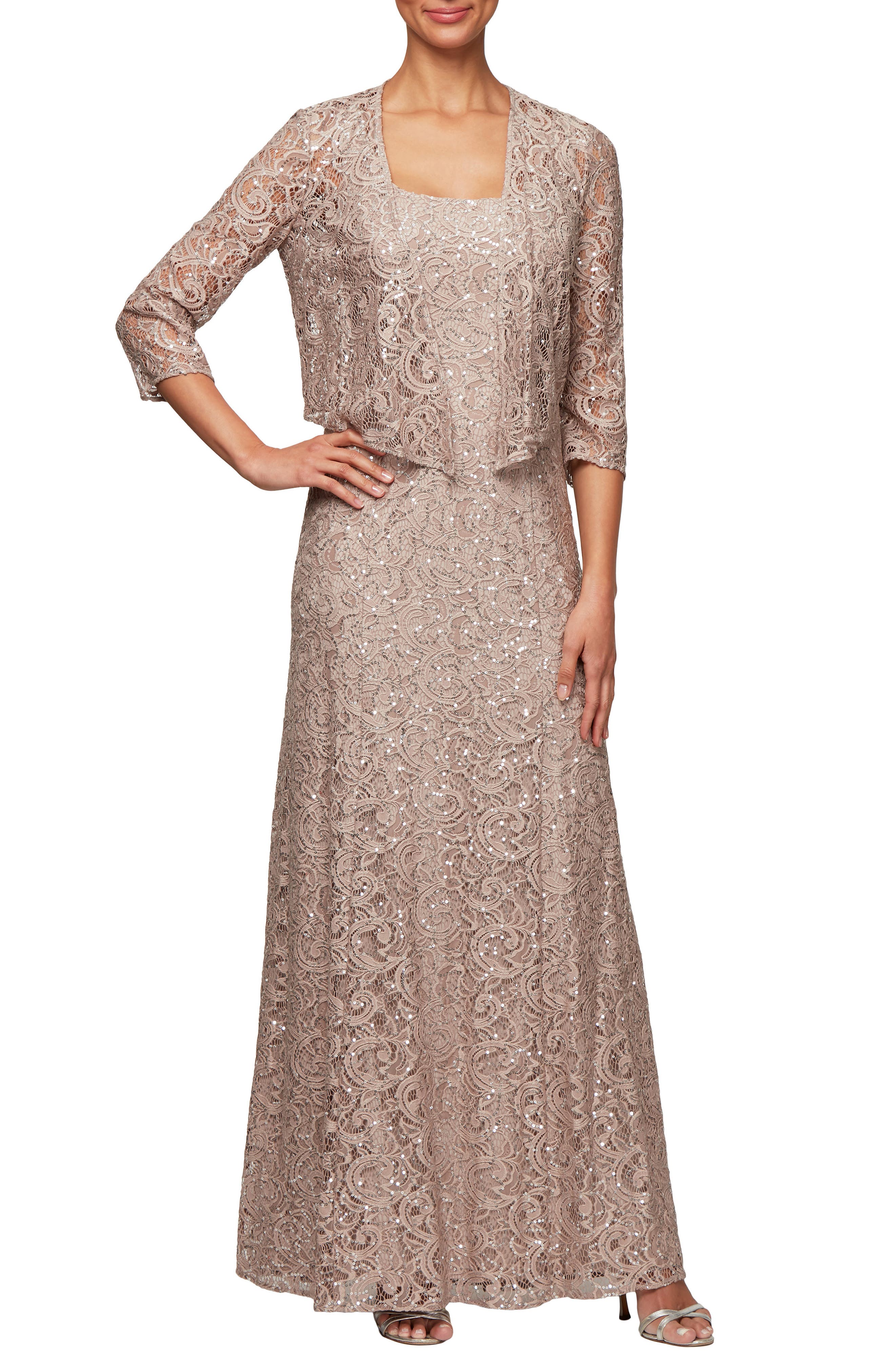 Alex Evenings Sequin Lace Jacket Gown, 8 (similar to 1) - Beige