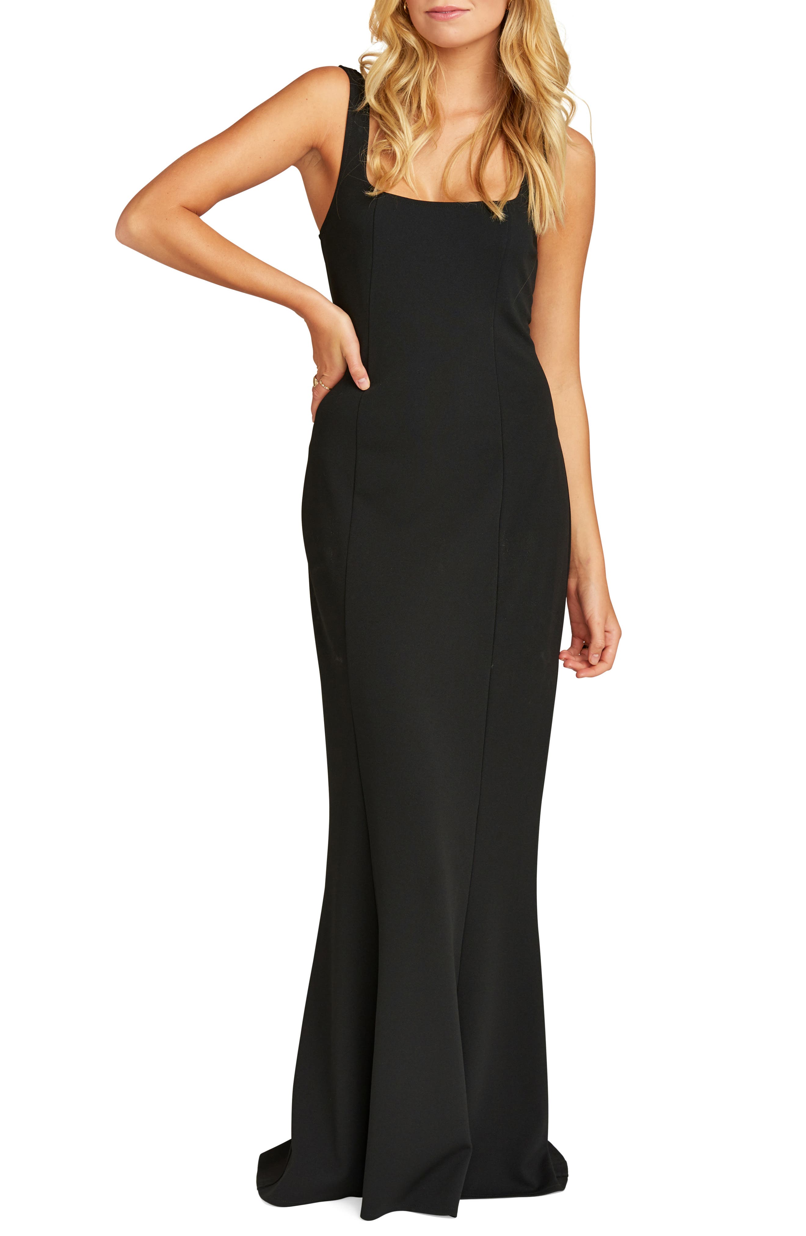 Show Me Your Mumu Belinda Square Neck Stretch Crepe Gown, Black