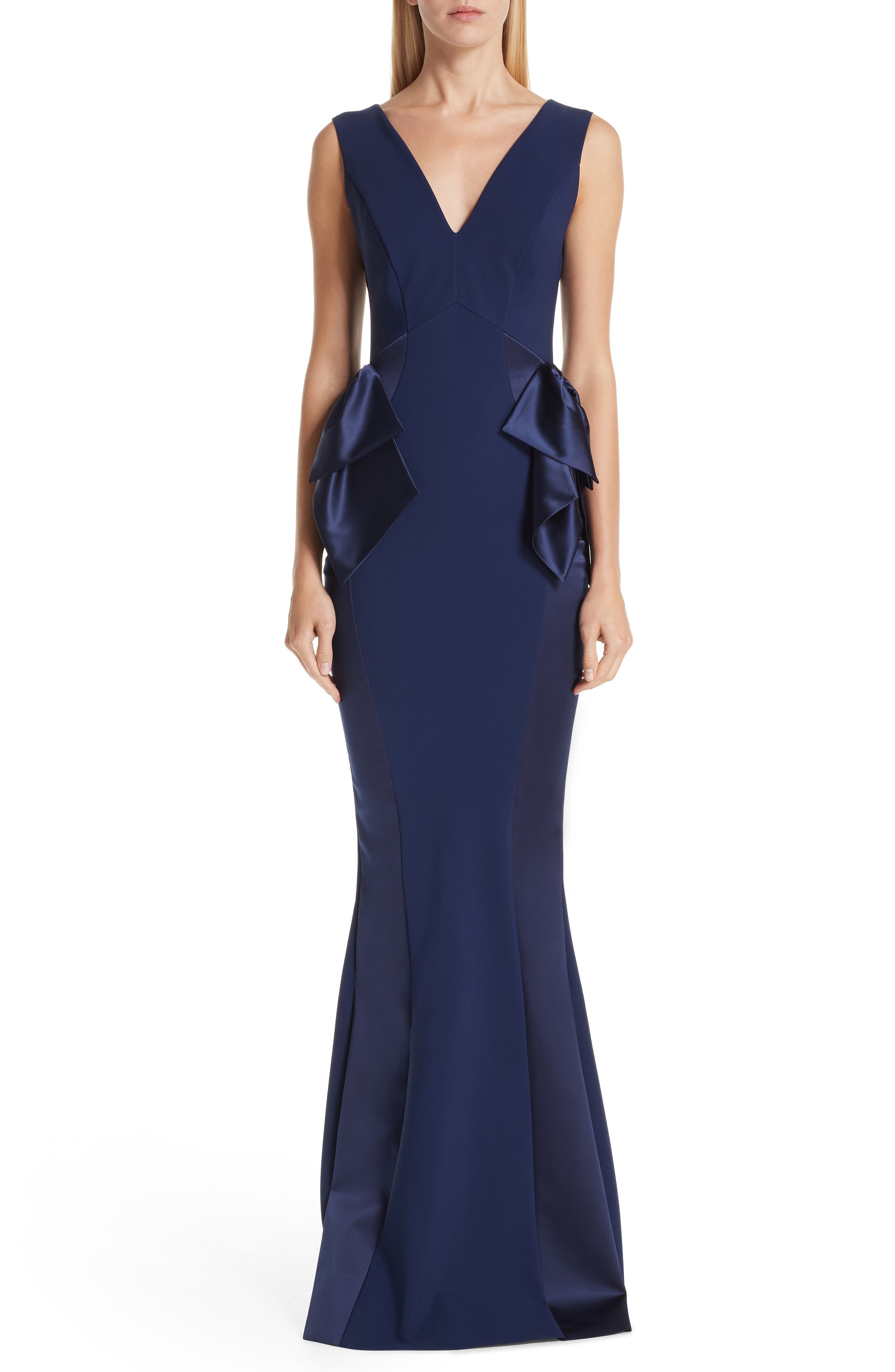 Chiara Boni La Petite Robe Macaria Satin Bow Trumpet Gown, Blue