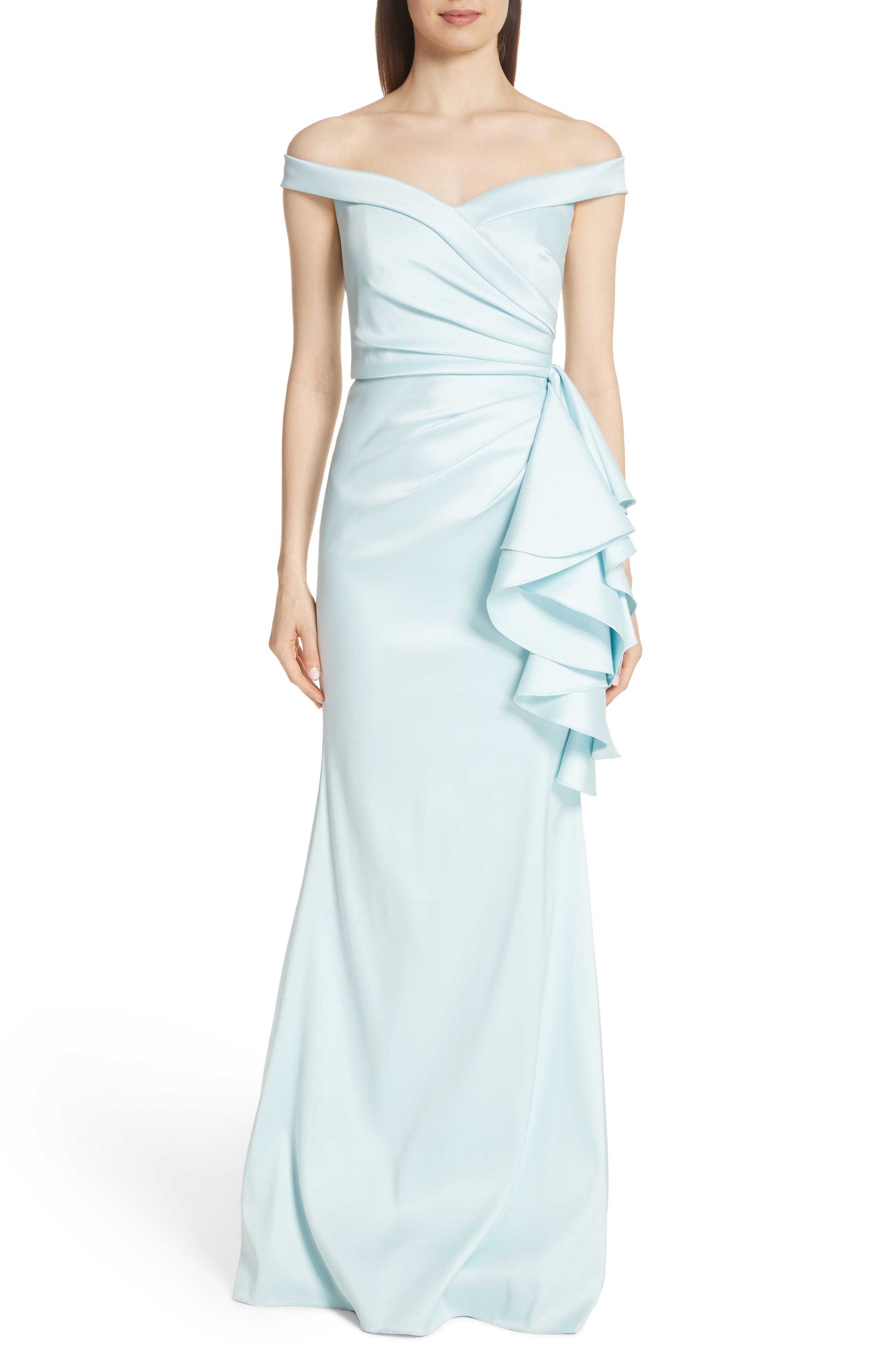 Badgley Mischka Collection Off The Shoulder Ruffle Detail Gown, Blue