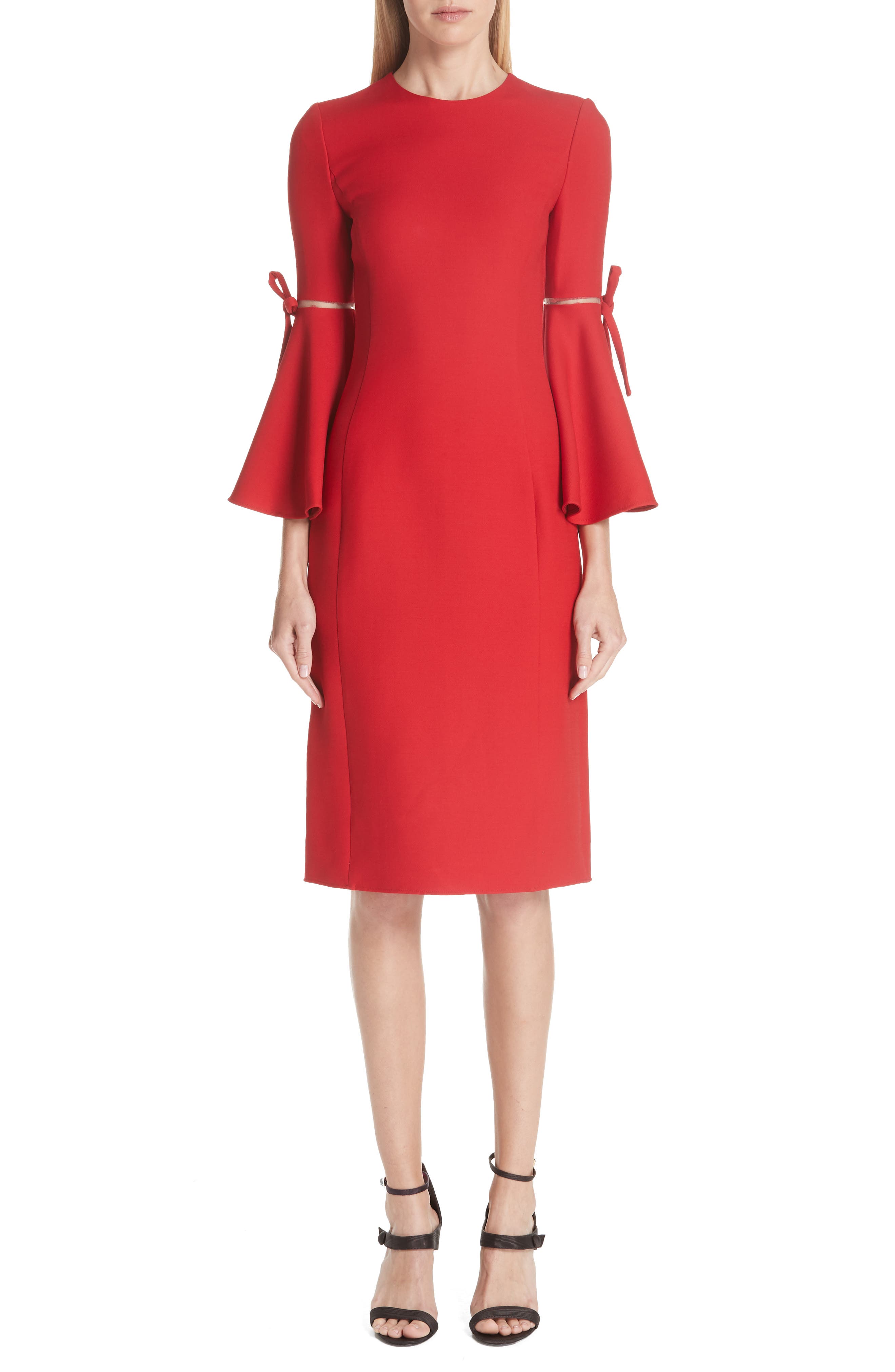 Oscar De La Renta Split Trumpet Sleeve Wool & Silk Crepe Dress, Red