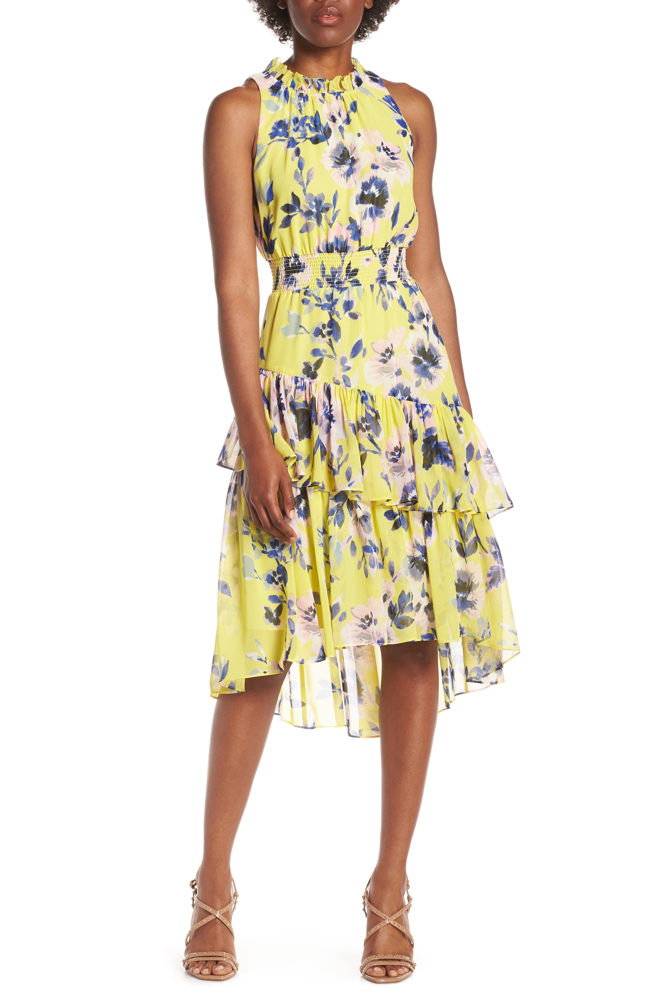 Eliza J Floral Asymmetric Tiered Dress, Yellow
