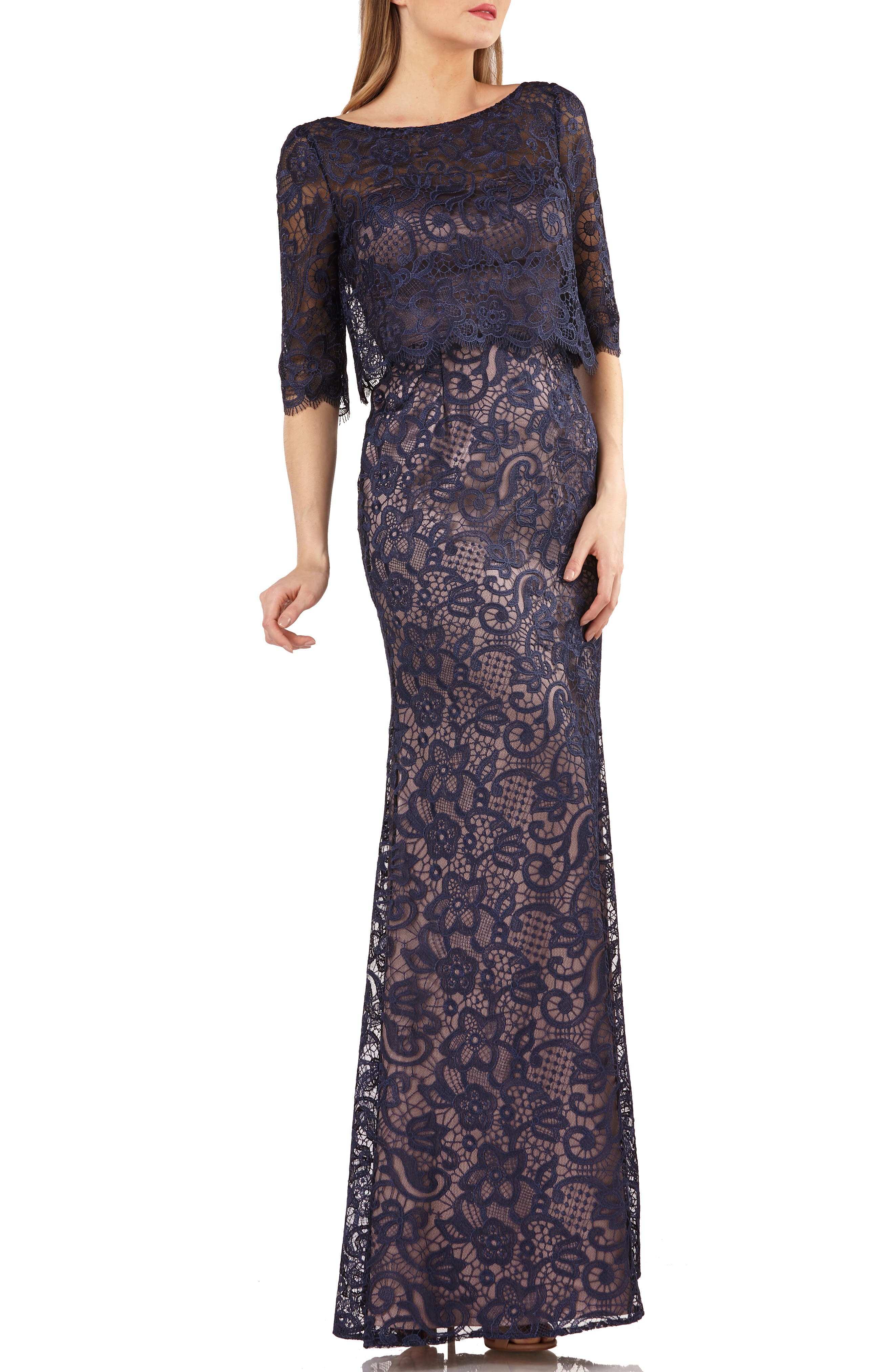 Js Collection Embroidered Lace Scallop Trim Evening Dress, Blue