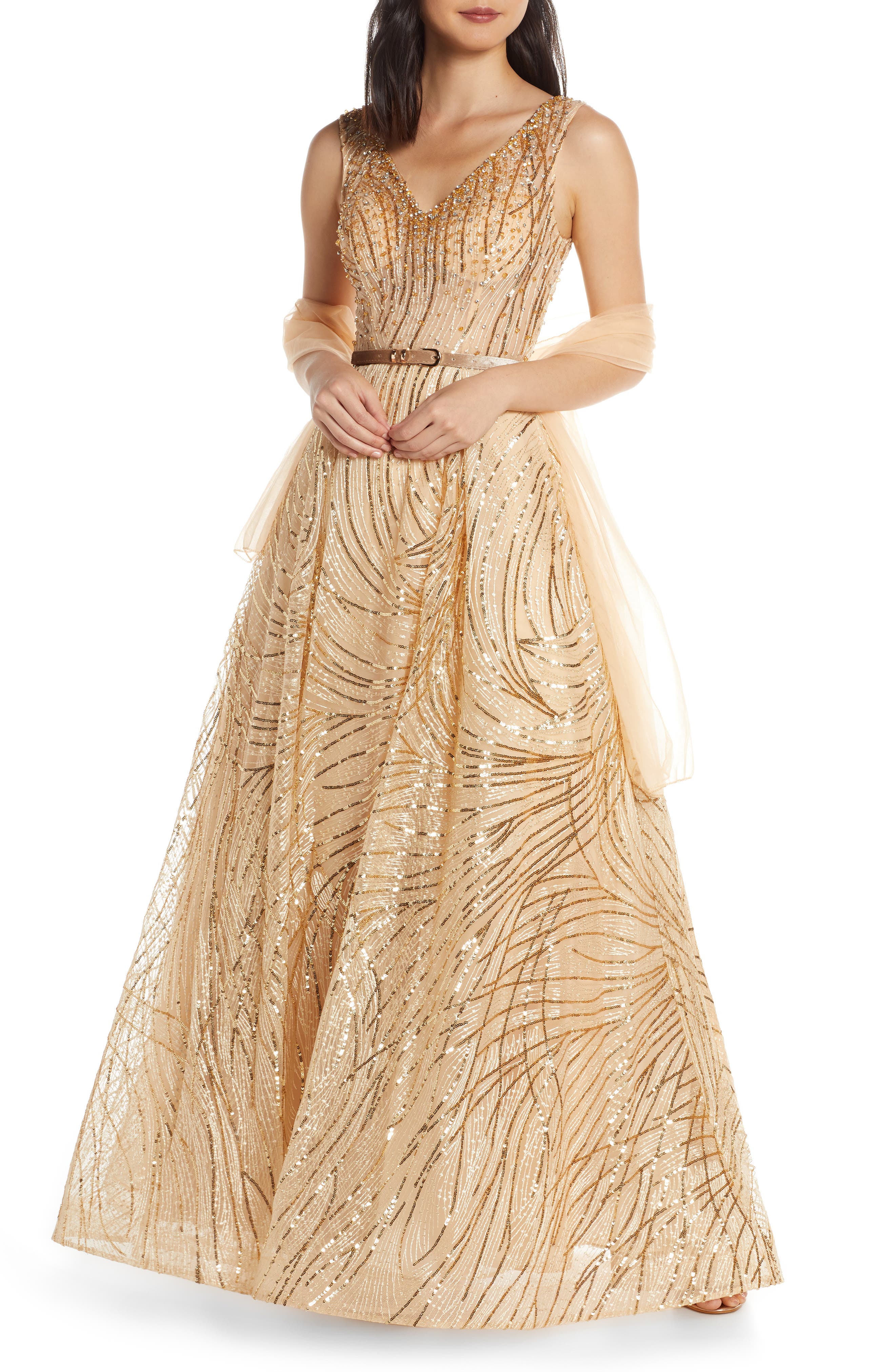 MAC Duggal Cat Tail Sequin V-Neck Prom Dress, 8 (similar to 16W) - Yellow