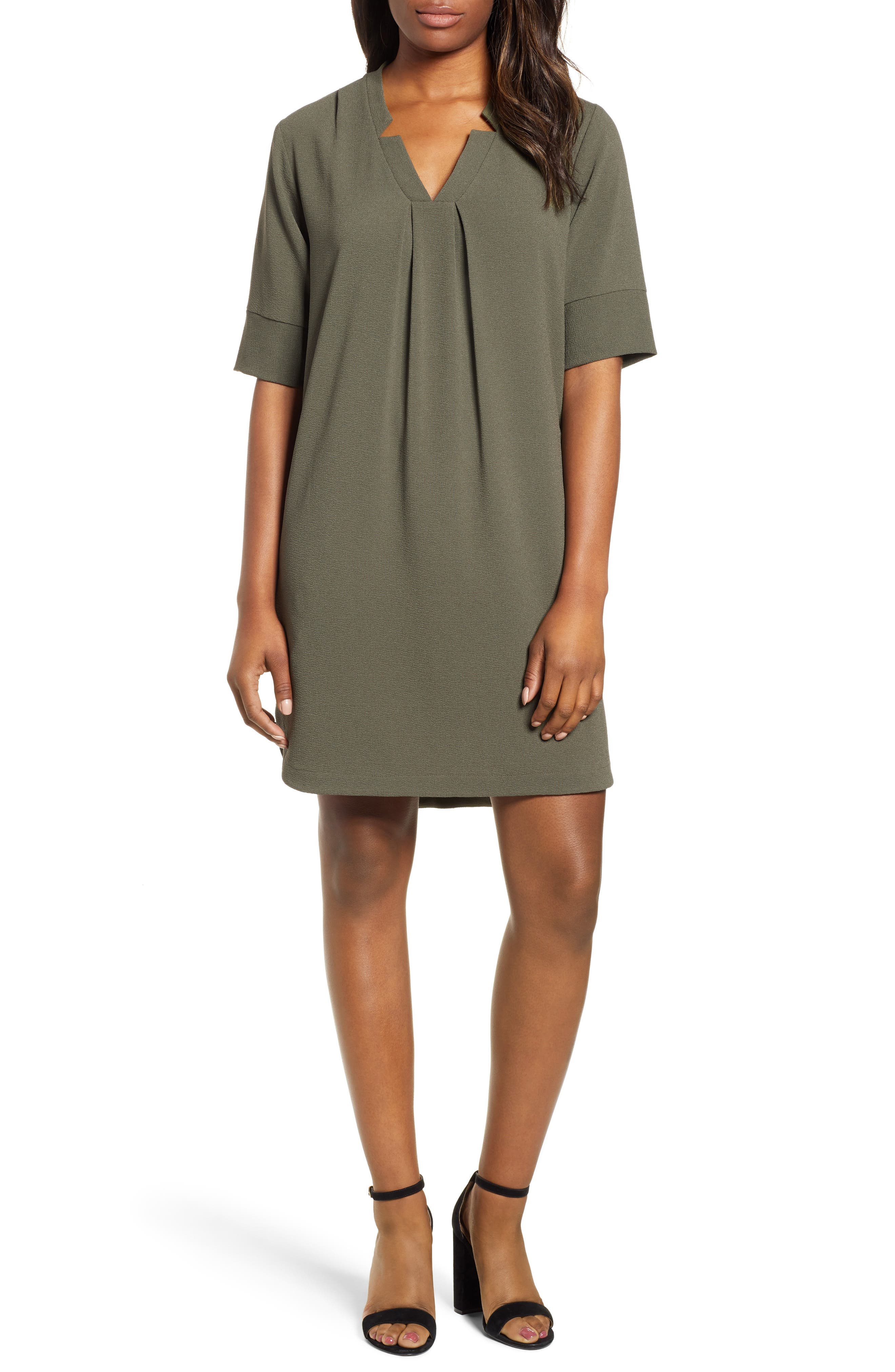 Petite Bobeau Pleat Front Curved Hem Shirtdress, Green