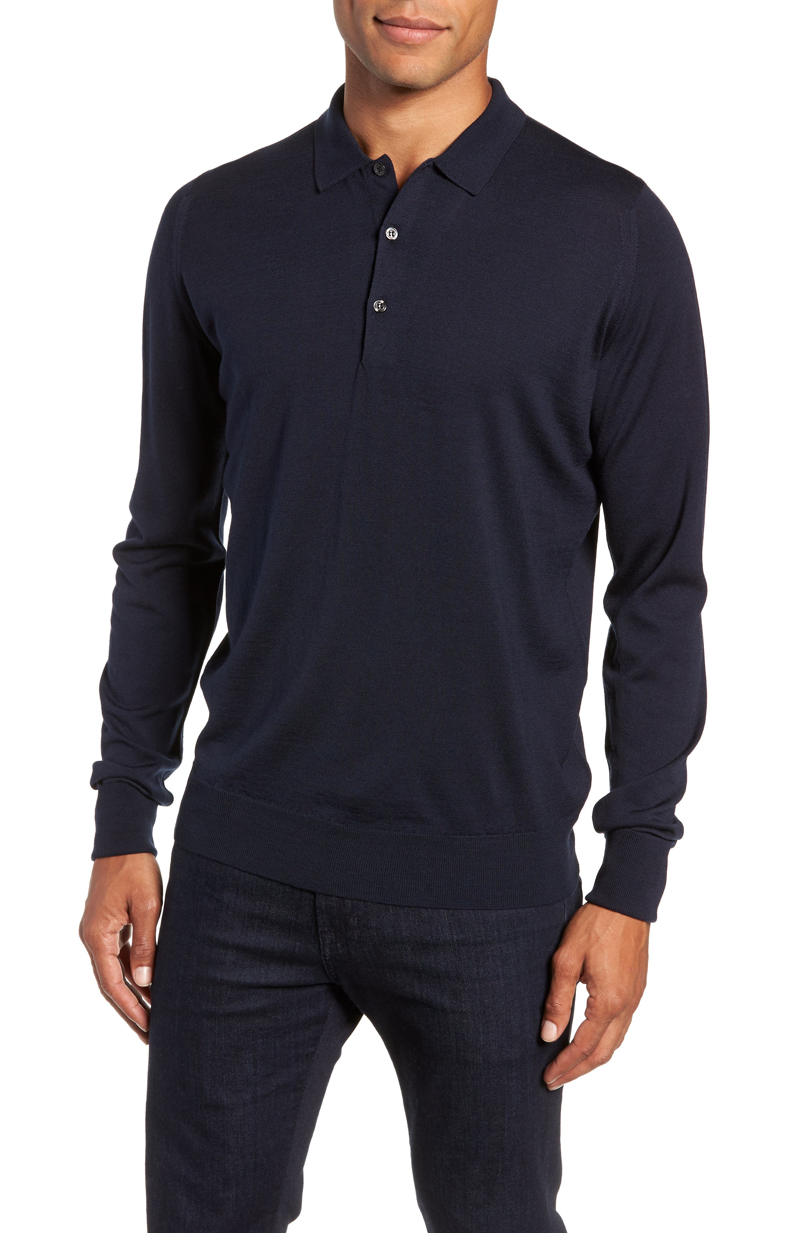 John Smedley Slim Fit Long Sleeve Merino Polo, Blue