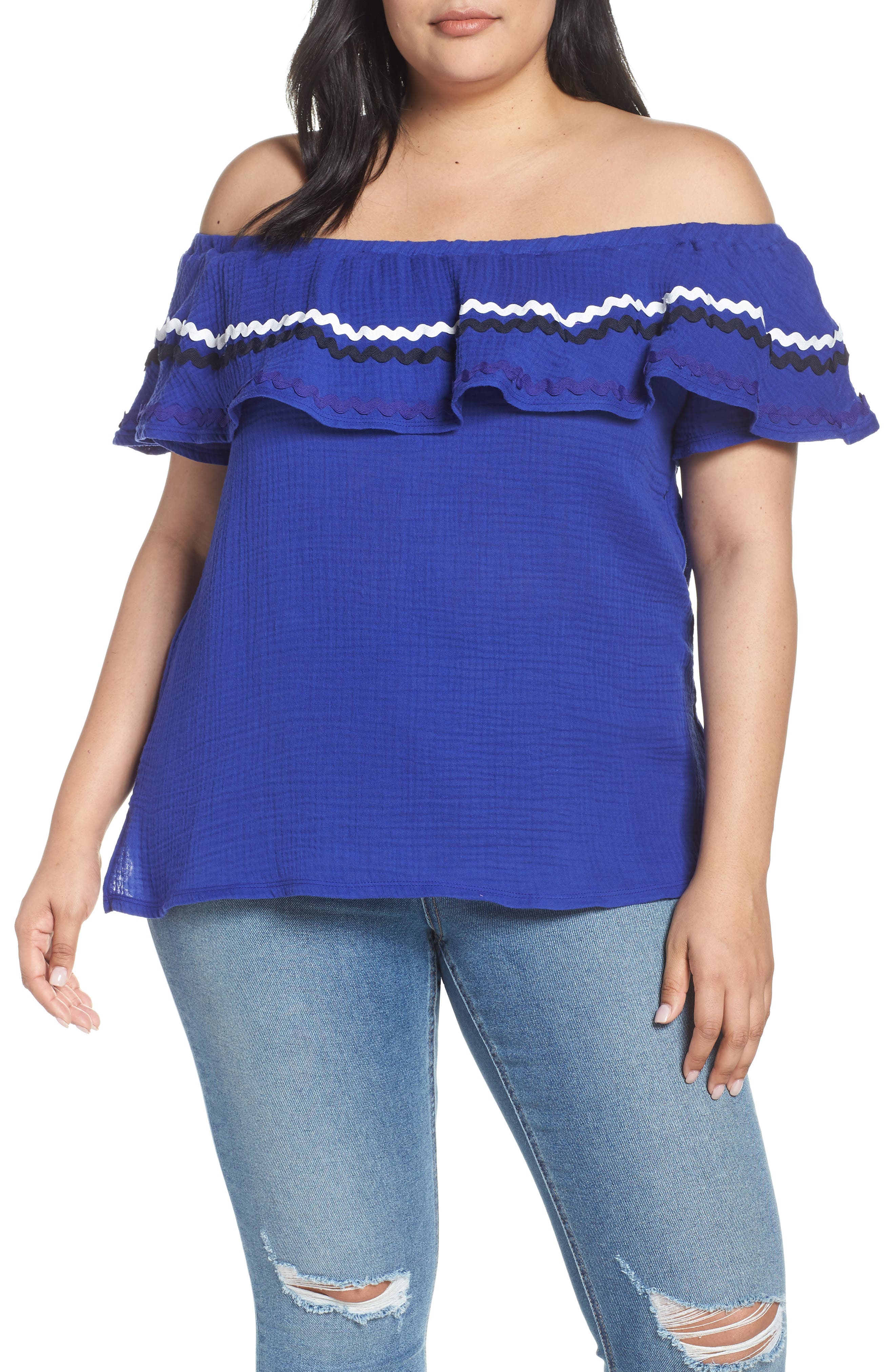 Plus Size Gibson X Hi Sugarplum! Santa Fe Rickrack Off The Shoulder Top, Blue